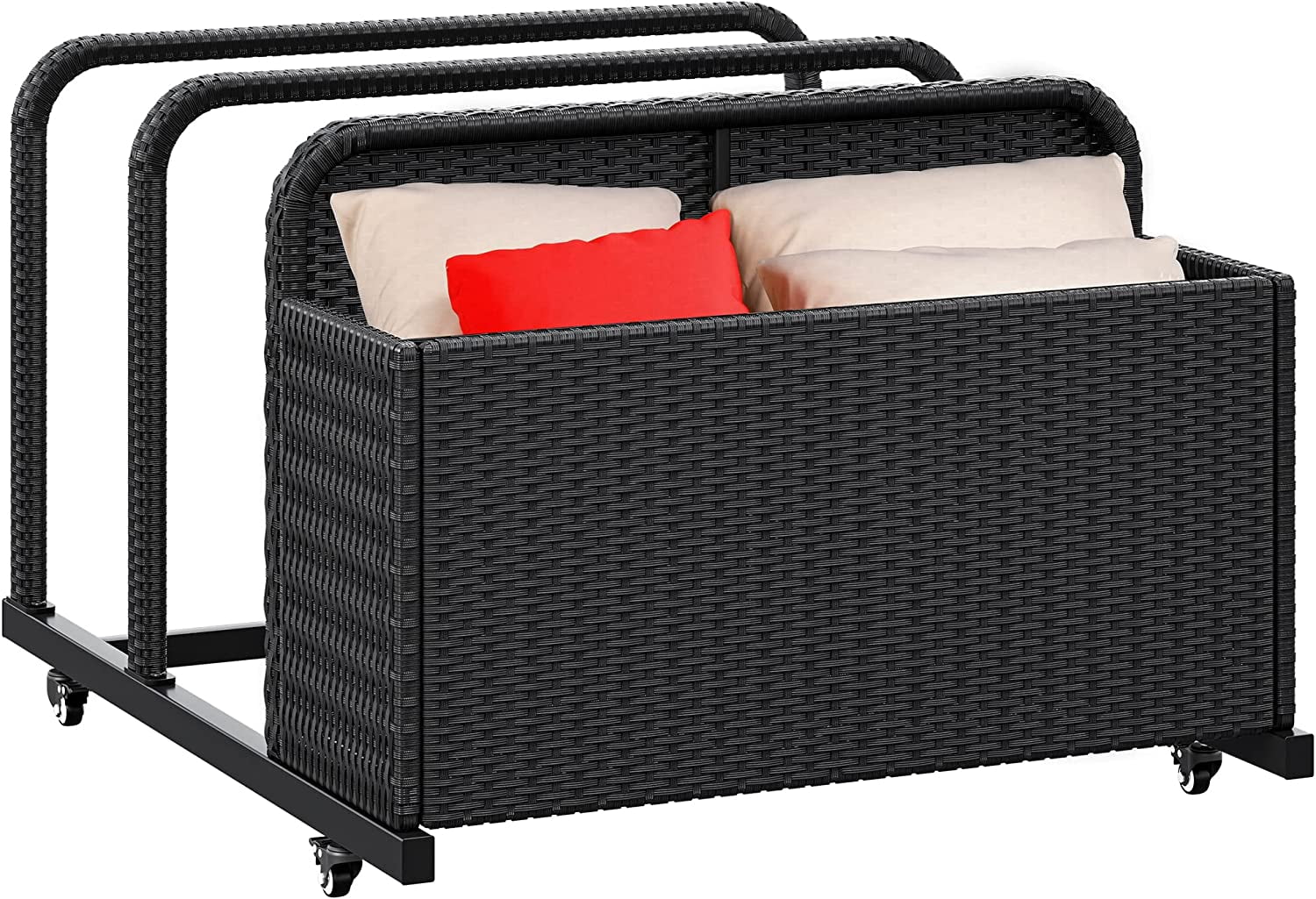 DWVO Outdoor Wicker Storage Box, One PE Rattan Deck Box and Two Long Holder Compartments, Patio Poolside Caddy with Rolling Wheels for Floaties, Noodles, Life Vests, Beach Balls, Toys (Black)