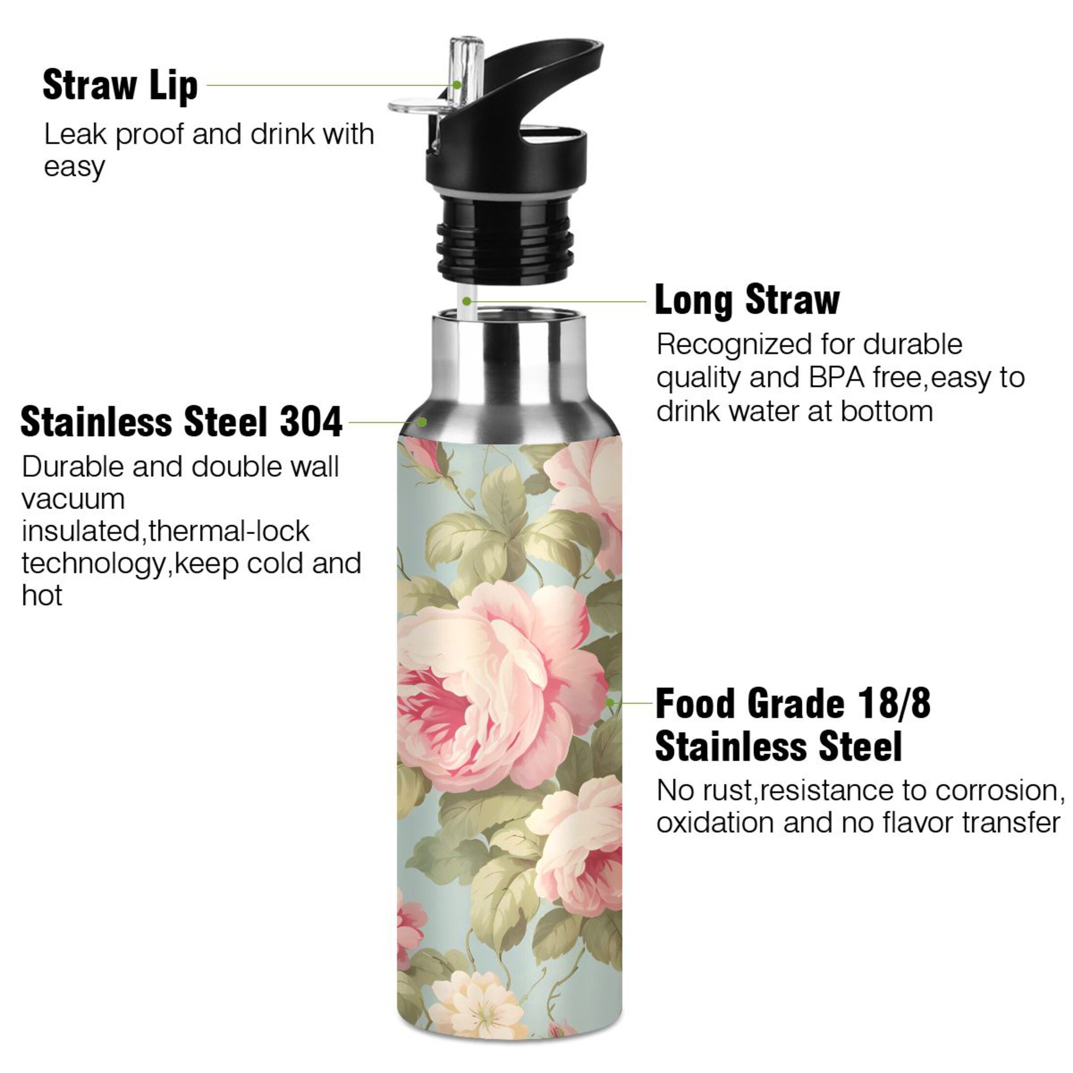 Water Bottle with Straw Lid Leak Leaves and Flowers Pink Stainless Steel Insulated Thermos Vacuum Flask for Cold Hot Drinking for Sports Camping Gym Yoga