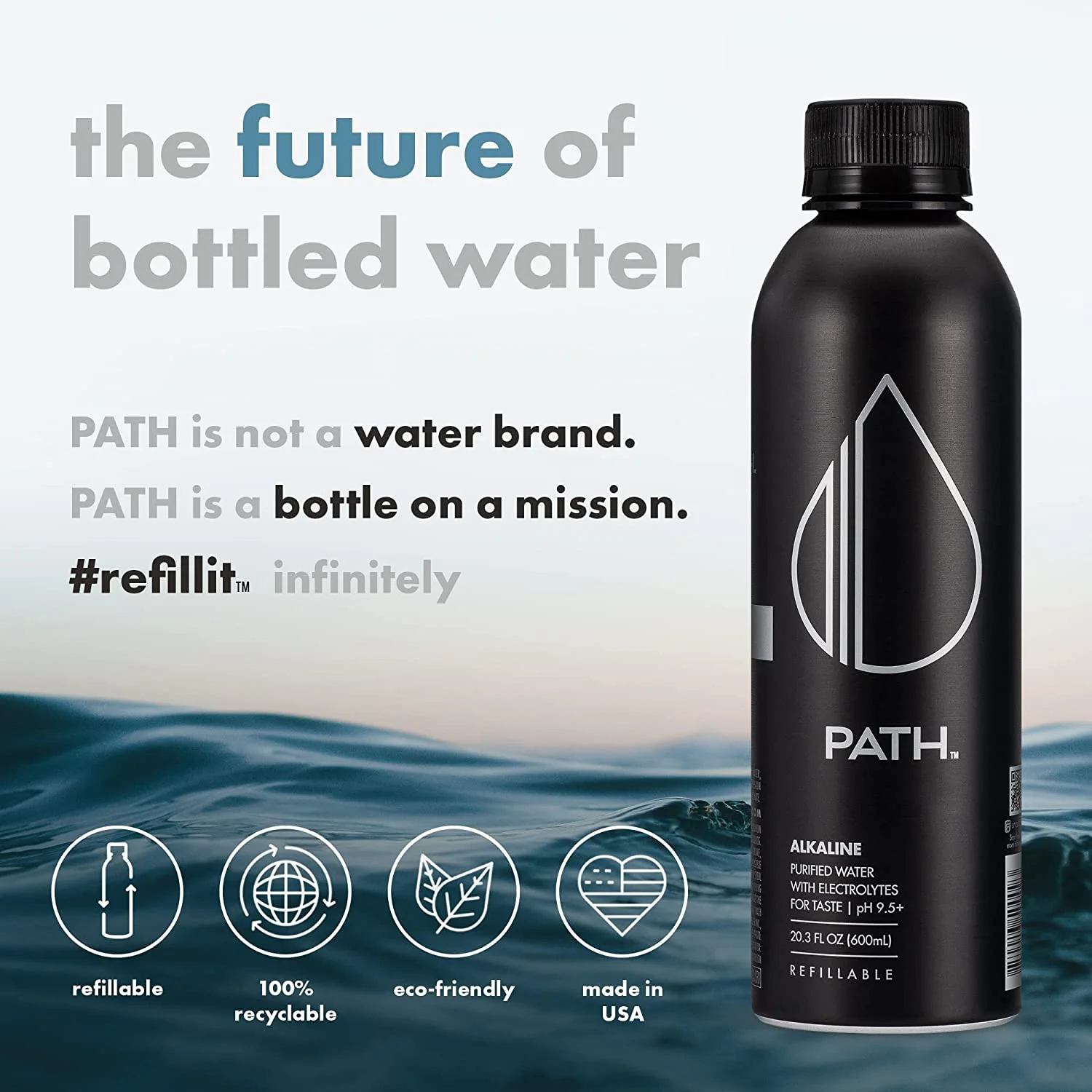 PATH Water Alkaline Bottled Water in Reusable Aluminum Bottle, 20.3 fl oz, 9 Pack