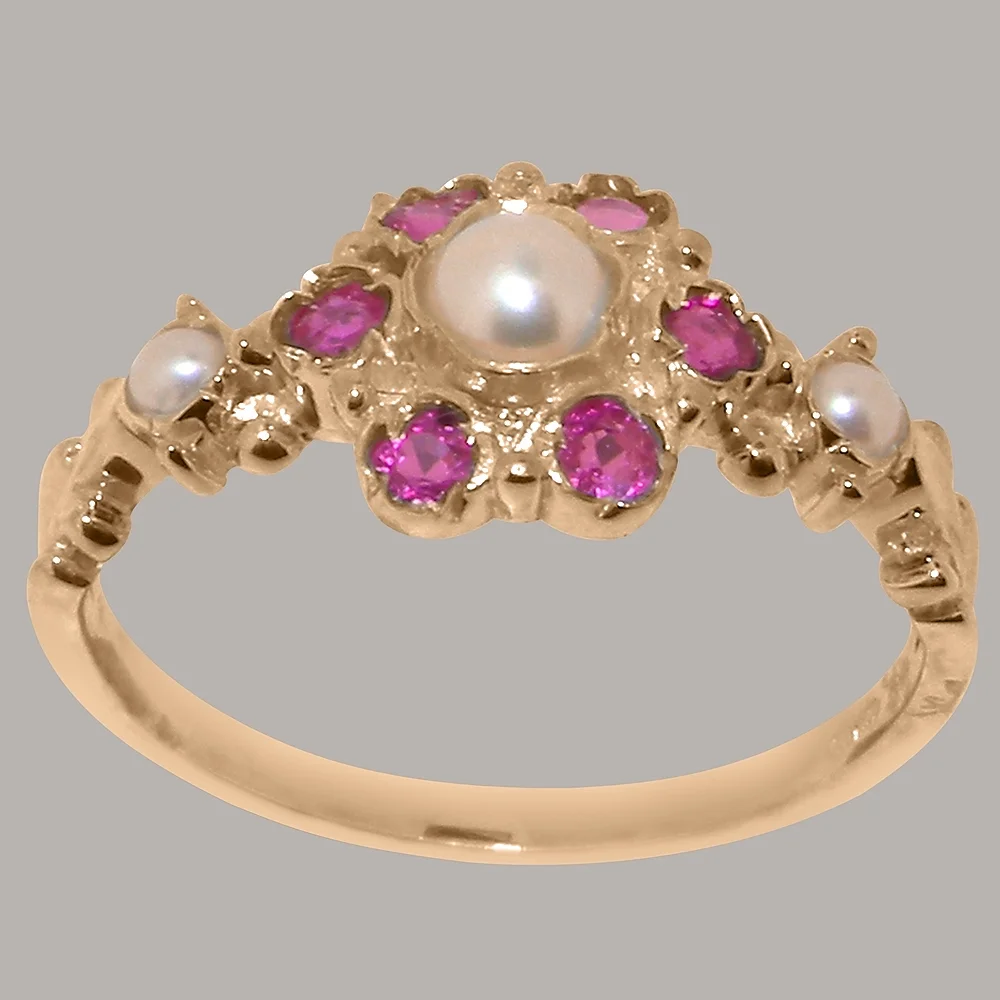 LBG British Made 14k Rose Gold Cultured Pearl & Ruby Womens Anniversary Ring - 33 size options - Size 10
