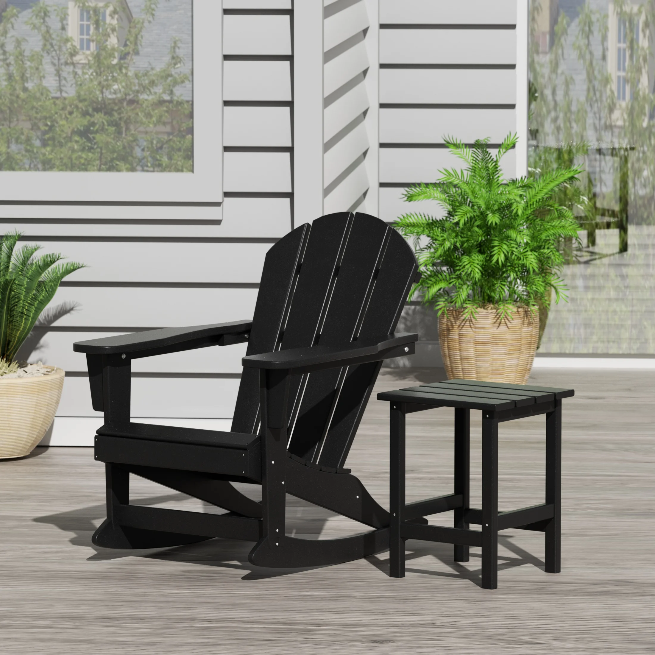 WestinTrends Malibu 2 Piece Outdoor Rocking Chair Set, All Weather Poly Lumber Porch Patio Adirondack Rocking Chair with Side Table, Black
