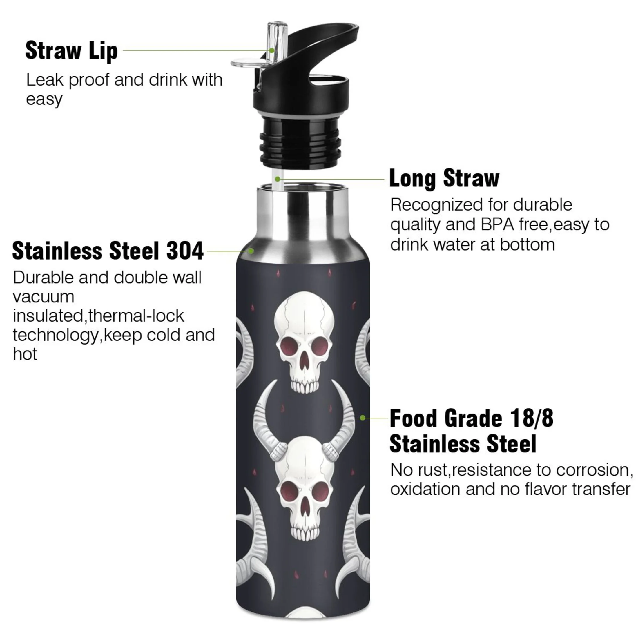 Abstract Skeleton Skull Water Bottles Insulated Thermos Kids Stainless Steel Bottle with Straw Lid Flask Leakproof for Sports Gym 20 oz