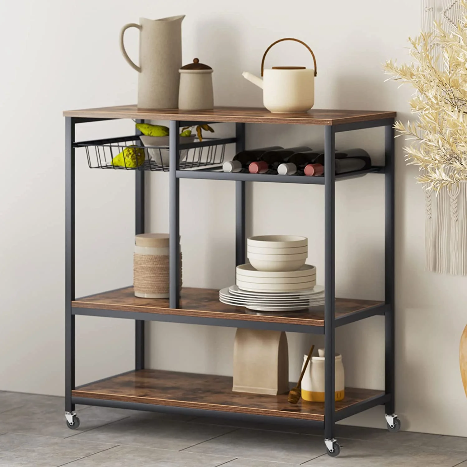 OUWI 3-Tier Kitchen Baker's Rack Utility Shelf, Microwave Stand with Storage and Drawer Storage Cart Workstation Shelf for Spices/Utensils Foods, Black BHUS-YL-D5002