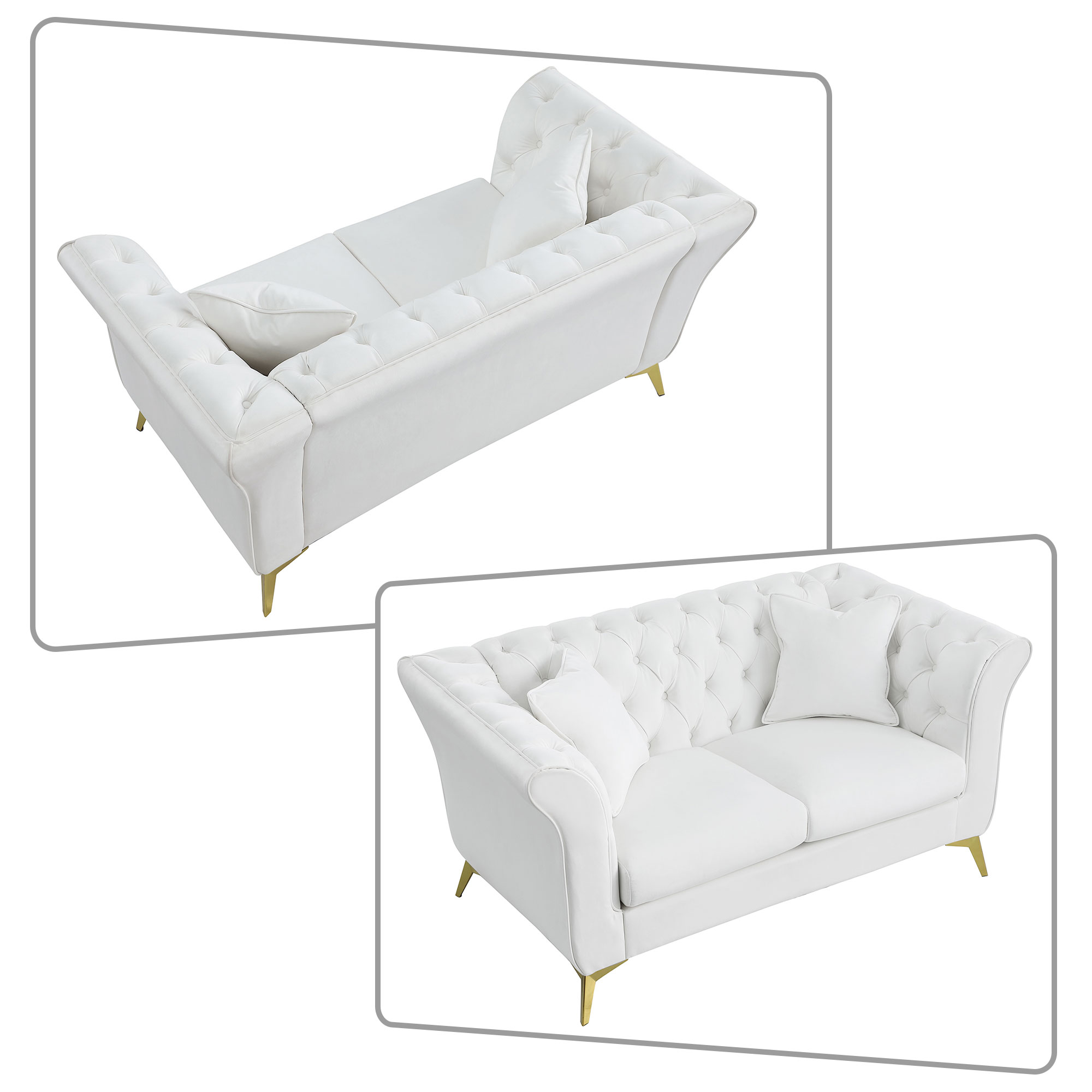 Modern and Elegant Style Velvet Fabric Upholstered Loveseat Sofa with Button Tufted Design and Metal Legs for Living Room, Bedroom, Office, White