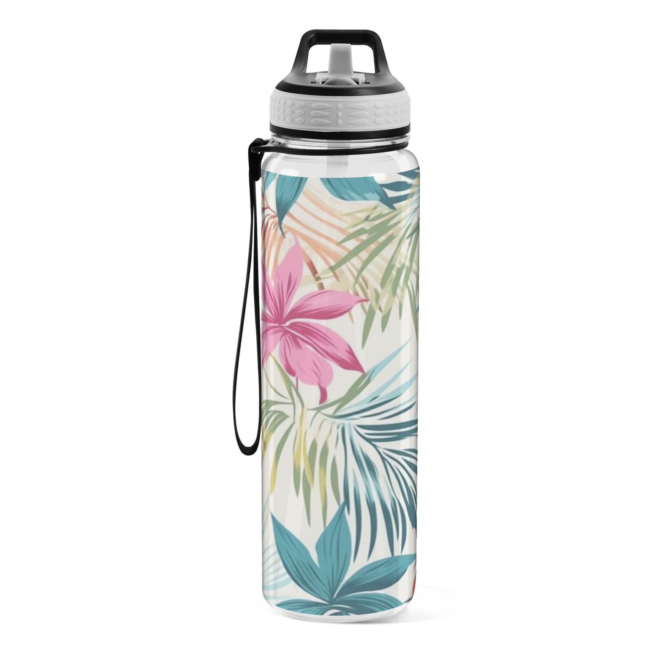 Palm Leaves Flowers 32oz Water Bottles with Straw Tritan Leakproof Sports Bottle BPA Free Clear for Fitness Gym Swimming Cycling