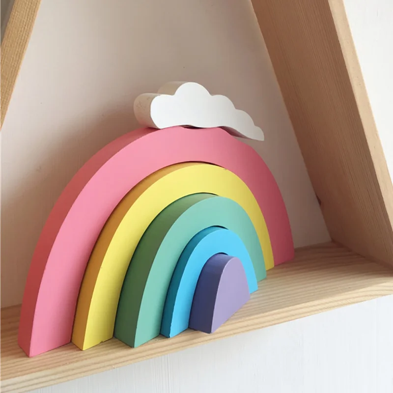 Rainbow Wooden Building Blocks Stacker Nesting Baby Children Play Game Toys Room Decor