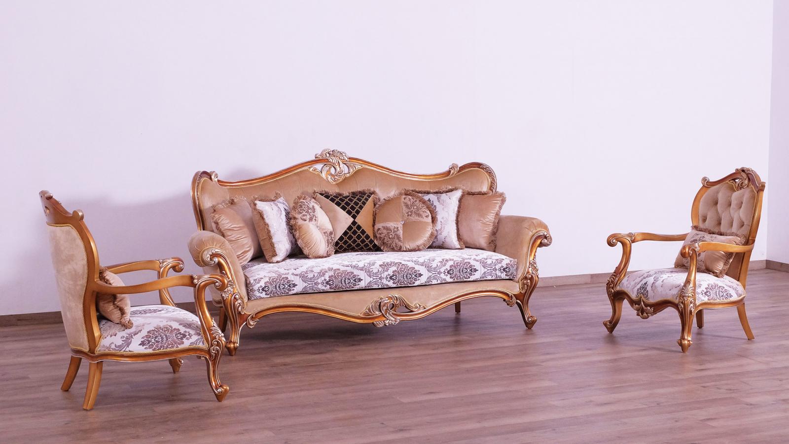 Luxury Black & Sand Wood Trim AUGUSTUS II Sofa Set 3 EUROPEAN FURNITURE Classic