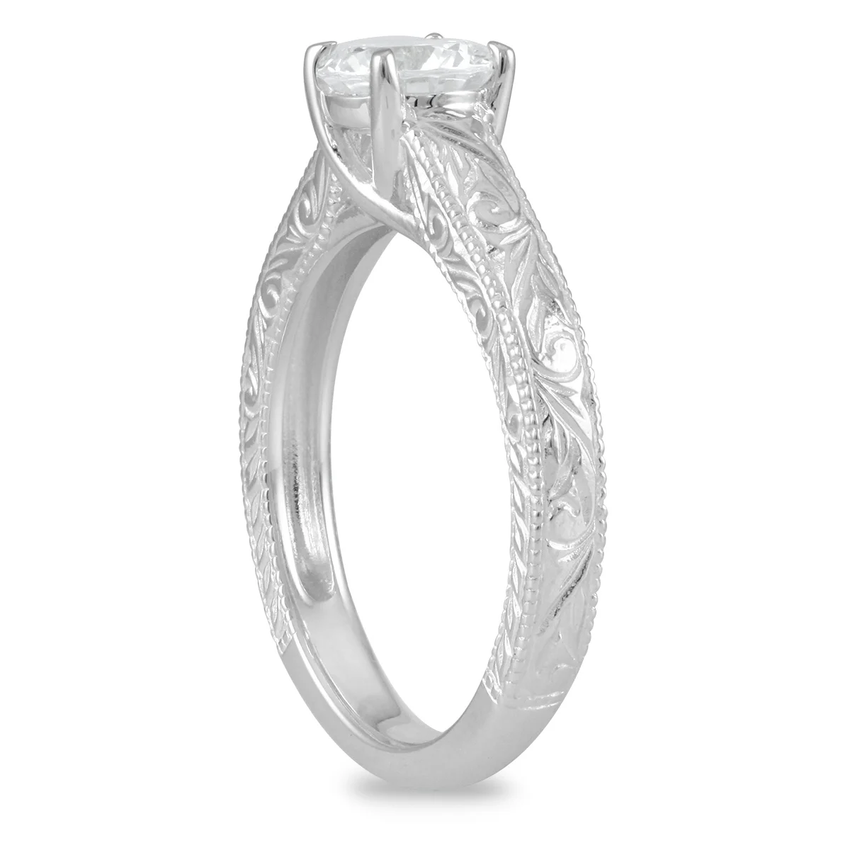 SZUL Women's AGS Certified 3/4 Carat Engraved Diamond Solitaire Ring in 14K White Gold (I-J Color, I2-I3 Clarity)