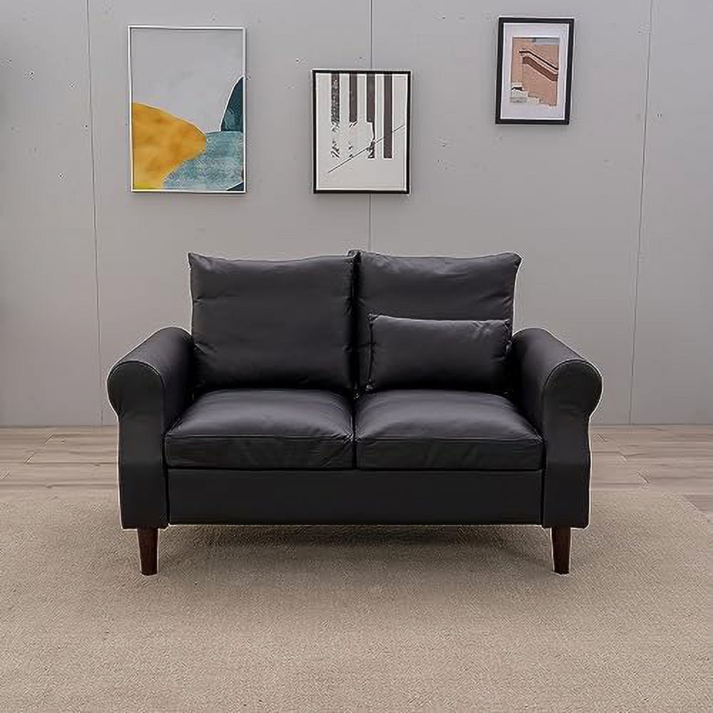 RUNFAYBIU 54.5" Small Loveseat Couch Sofa  Fabric Upholstered 2-Seat Sofa  Love Seat  with Wood Leg for Small Space  Living Room  Apartment (Black Faux Leather  Track Arm-2 Seater wit