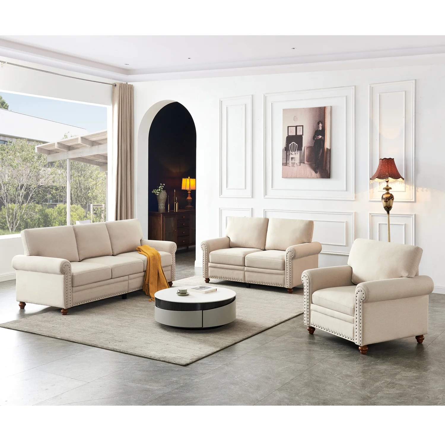 Holaki 1+2+3 Seat Fabric Single Sofa Loveseat and Classic Living Room Sofa Set, Beige
