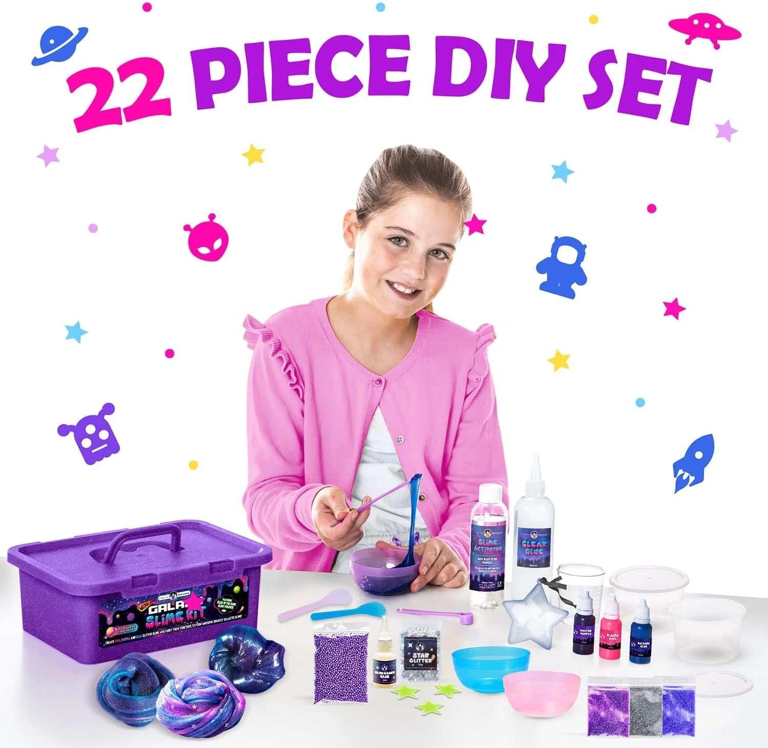 Original Stationery Mini Galaxy Slime Kit, Make Your Own Galactic Slime with Glitter, Glow in The Dark Powder & Lots of Fun Add Ins, Awesome Gift Idea