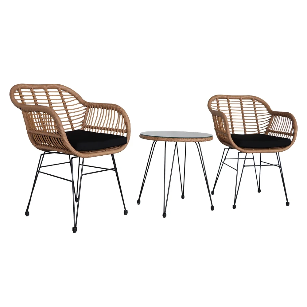 MYDENIMSKY 3 Piece Wicker Patio Conversation Set, Outdoor Rattan Bistro Set with Glass Side Table and Cushioned Chairs, Outside Furniture Sofa Set for Garden Backyard Balcony Porch Poolside