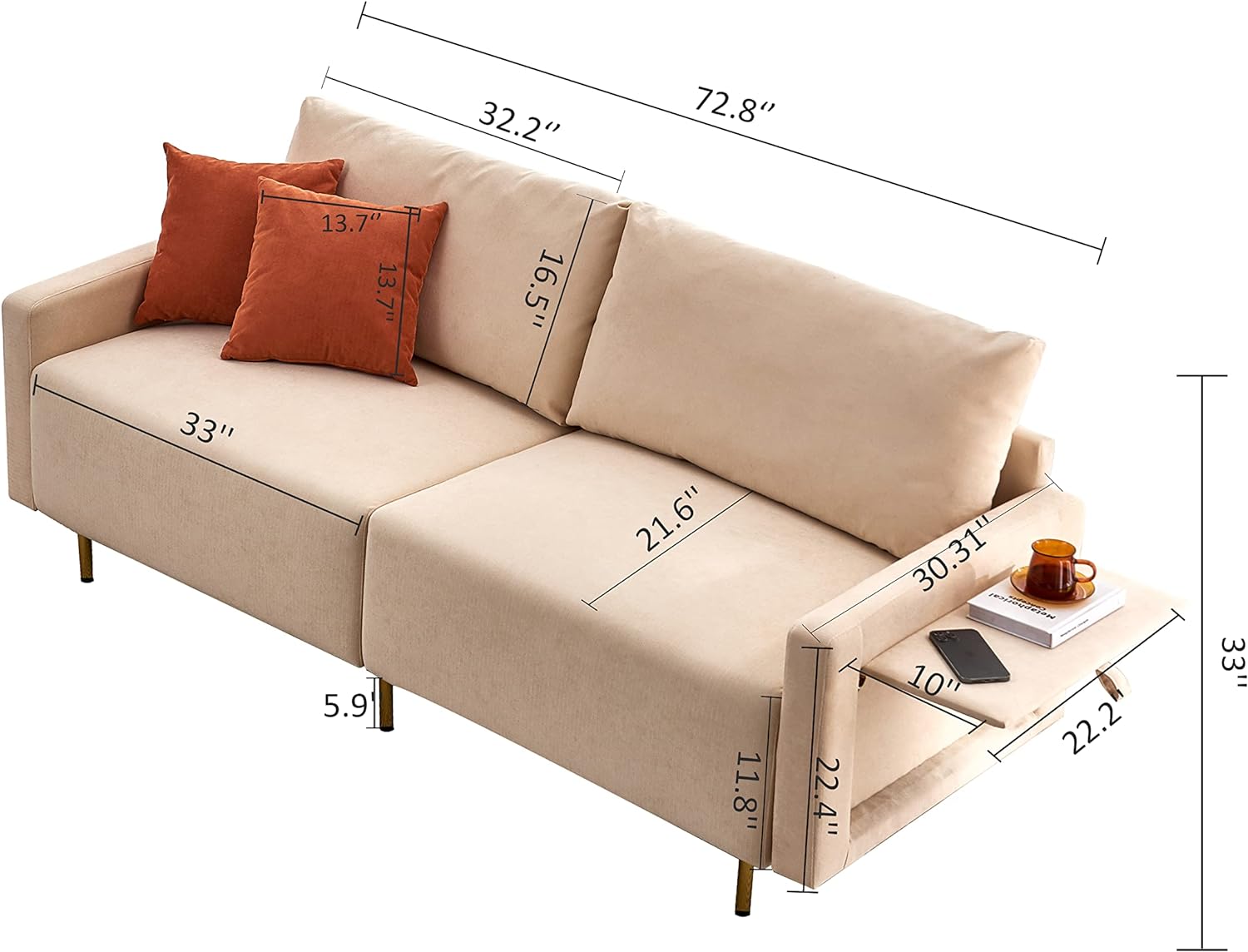 Loveseat Sofas For Living Room,Fabric Loveseat Couch With Removable Tray And Adjustable Metal Legs,Luxury 2 Seater Couch With 2 Throw Pillows For Small Places(Beige)