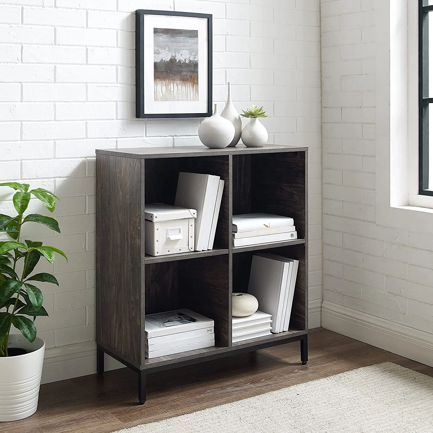 Crosley Furniture Jacobsen Wood Record Storage Cube Bookcase in Brown Ash