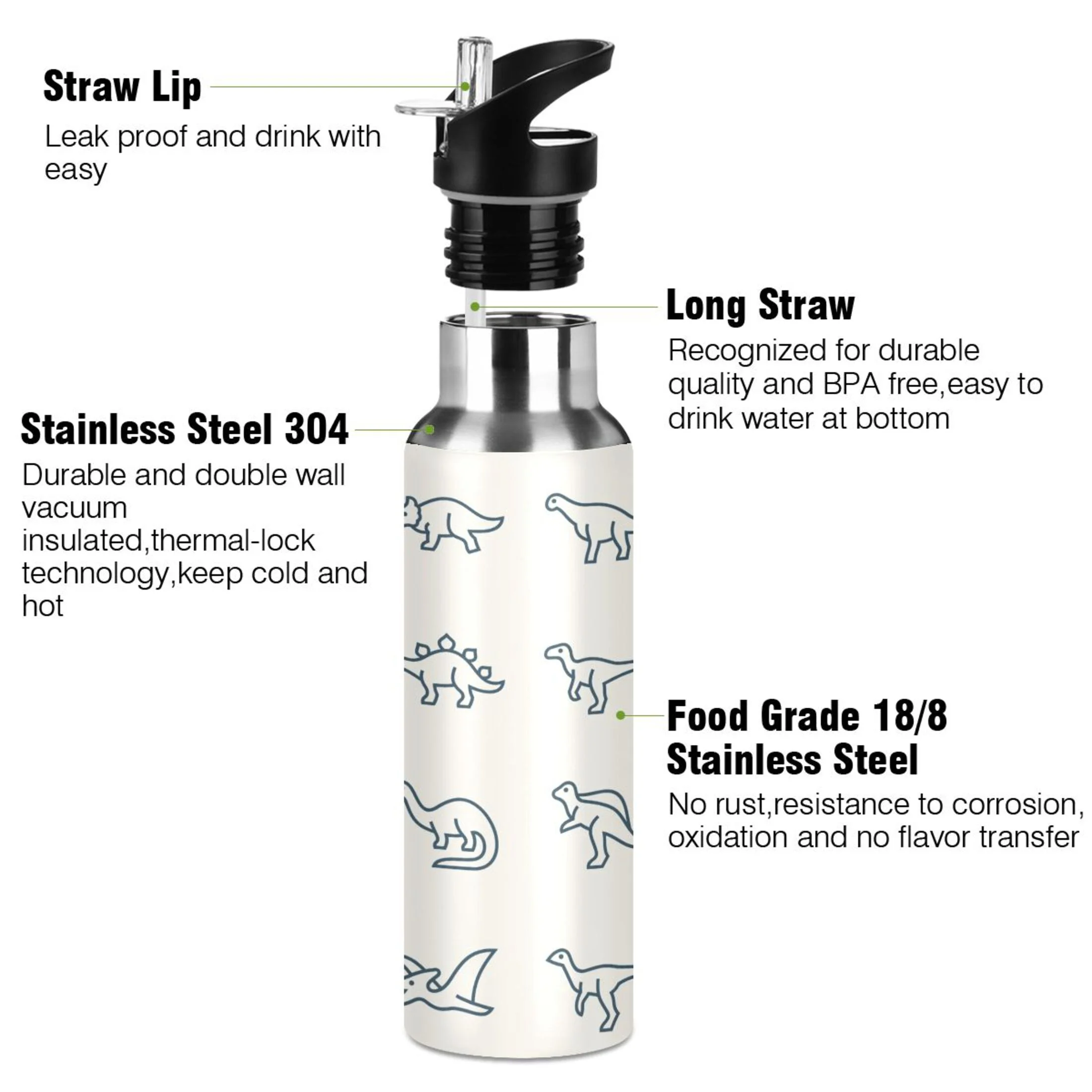 Stainless Steel Water Bottle Dinosaurs Line Icons with Straw Lid Vacuum Insulated Keeps Hot and Cold Leak Proof Flask Jug for Gym Travel Sports Cycling Outdoor 20 OZ