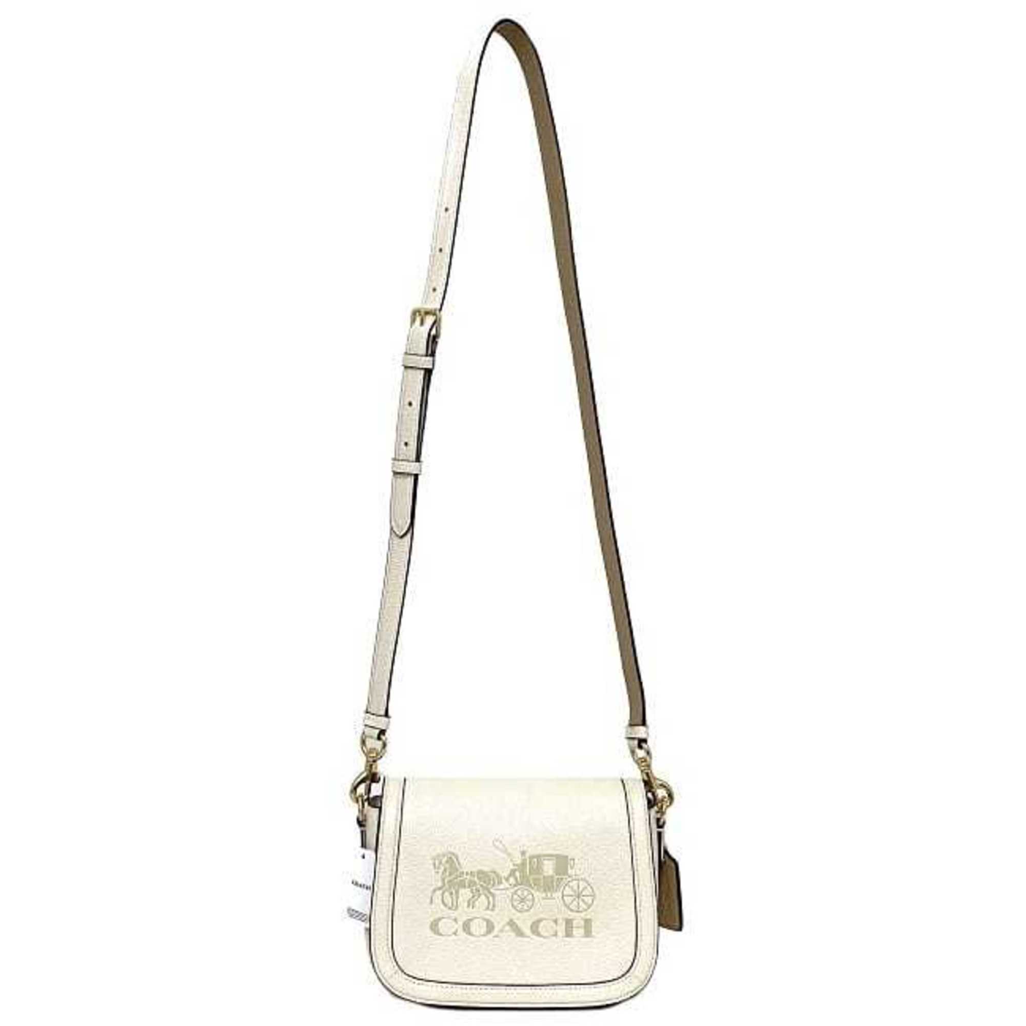 Pre-Owned Coach shoulder bag white beige horse and carriage C4058 leather COACH flap saddle (Like New)