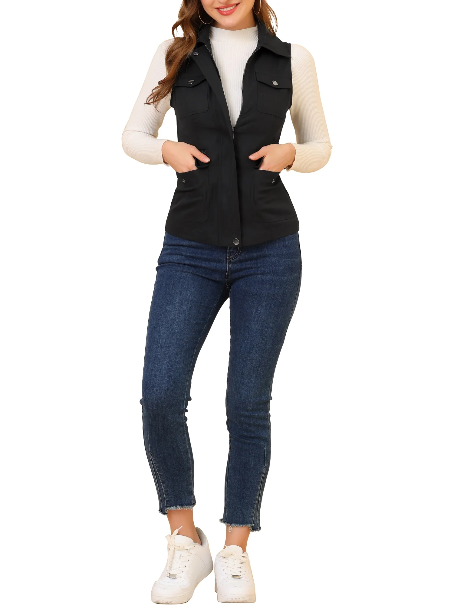 Unique Bargains Women's Zip Up Sleeveless Jacket Pockets Anorak Utility Vest