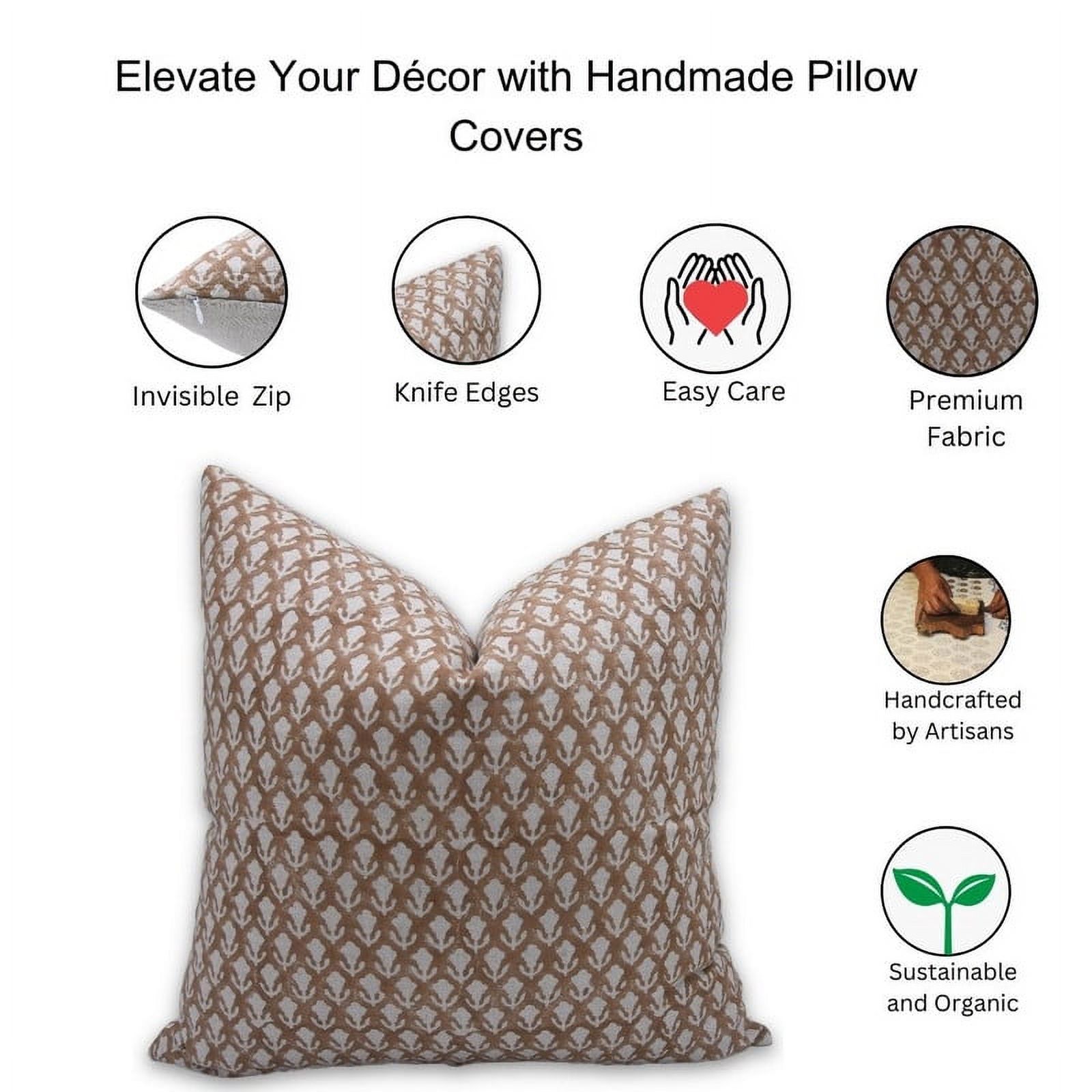 Fabdivine Block Print Throw Pillow Cover, 20x20 Inch Pure Linen Vintage Cushion Cover, Floral Print Boho Design Brown Pillow Cover for Sofa and Couch