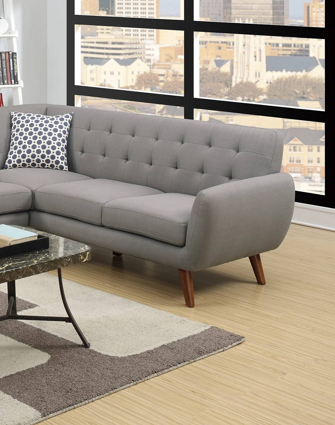 Retro & Modern Grey Color Classic Sectional Sofa Loveseat Wedge Couch Living Room Furniture Linen Like Fabric Cushion Pillows