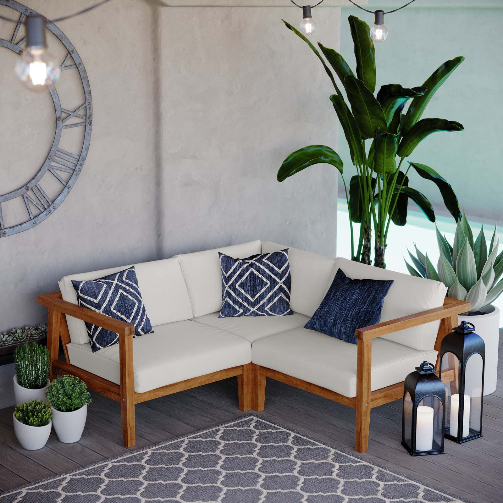 Lounge Sectional Sofa Chair Set, White Natural, Teak Wood, Fabric, Modern Contemporary, Outdoor Patio Balcony Cafe Bistro Garden Furniture Hotel Hospitality