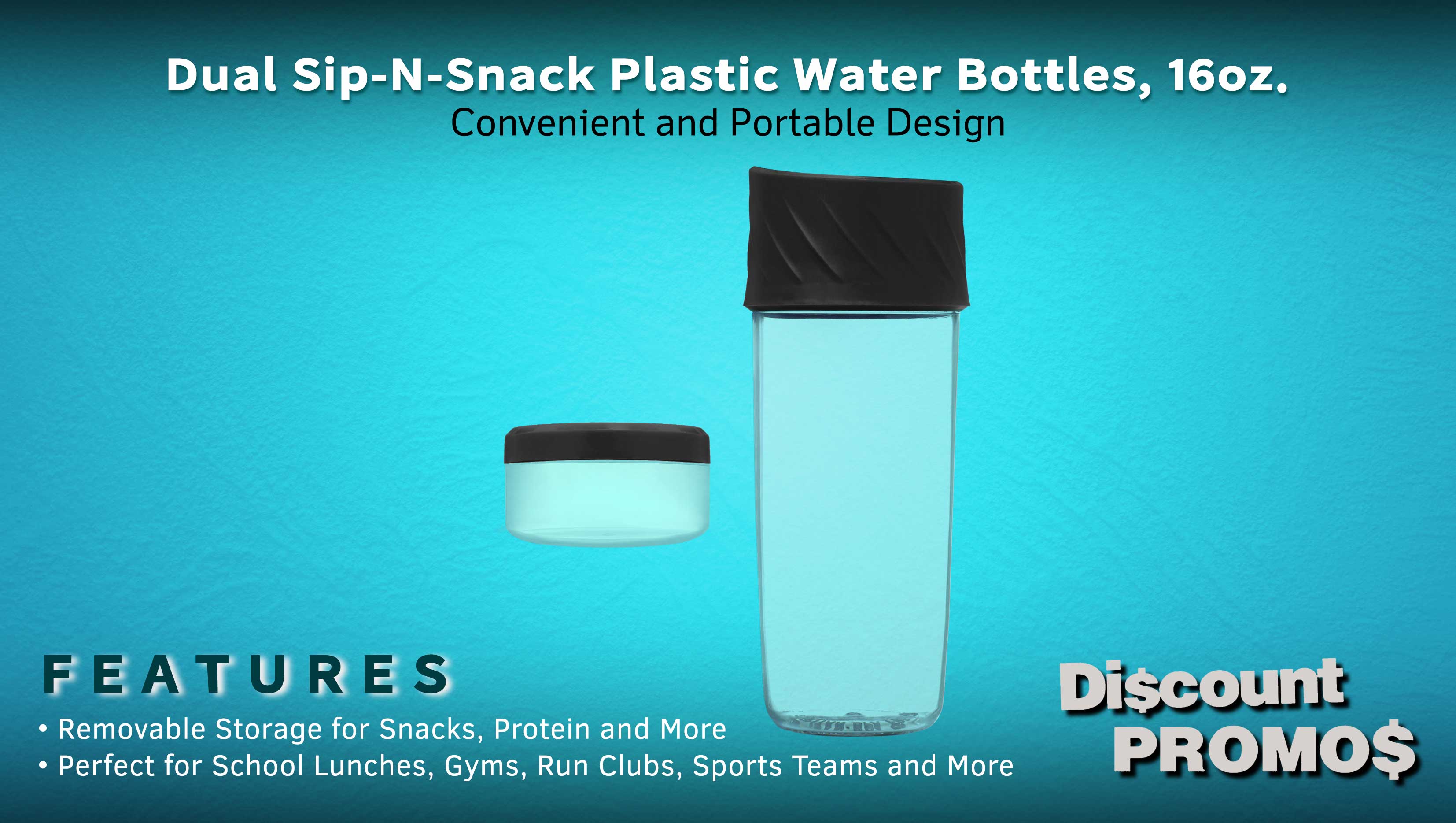 10 Dual Sip-N-Snack Plastic Water Bottles Set, 16 oz. - Screw On Lid, BPA Free - Black