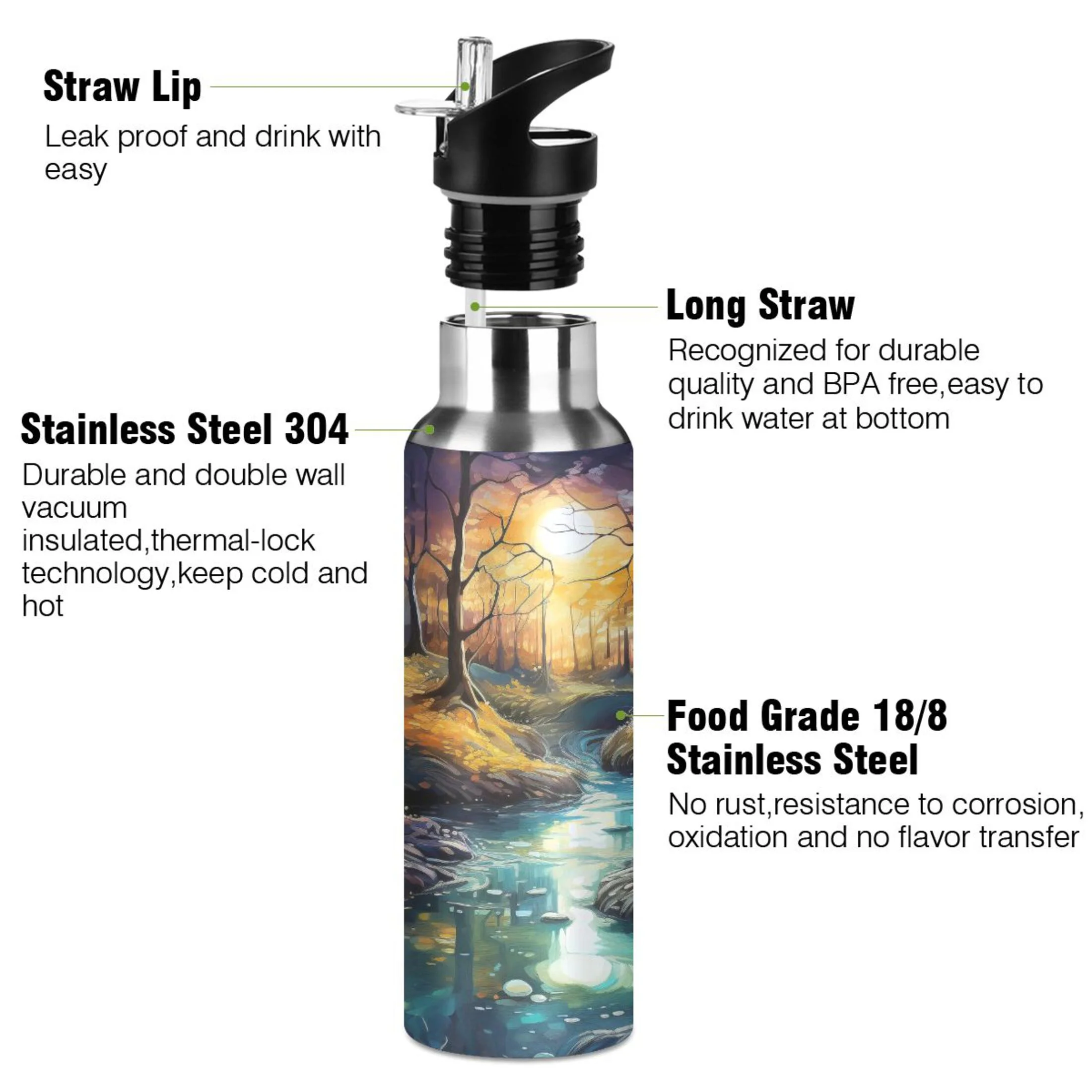 Water Bottle with Straw Lid Leak Sunset Landscape Print Stainless Steel Insulated Thermos Vacuum Flask for Cold Hot Drinking for Sports Camping Gym Yoga