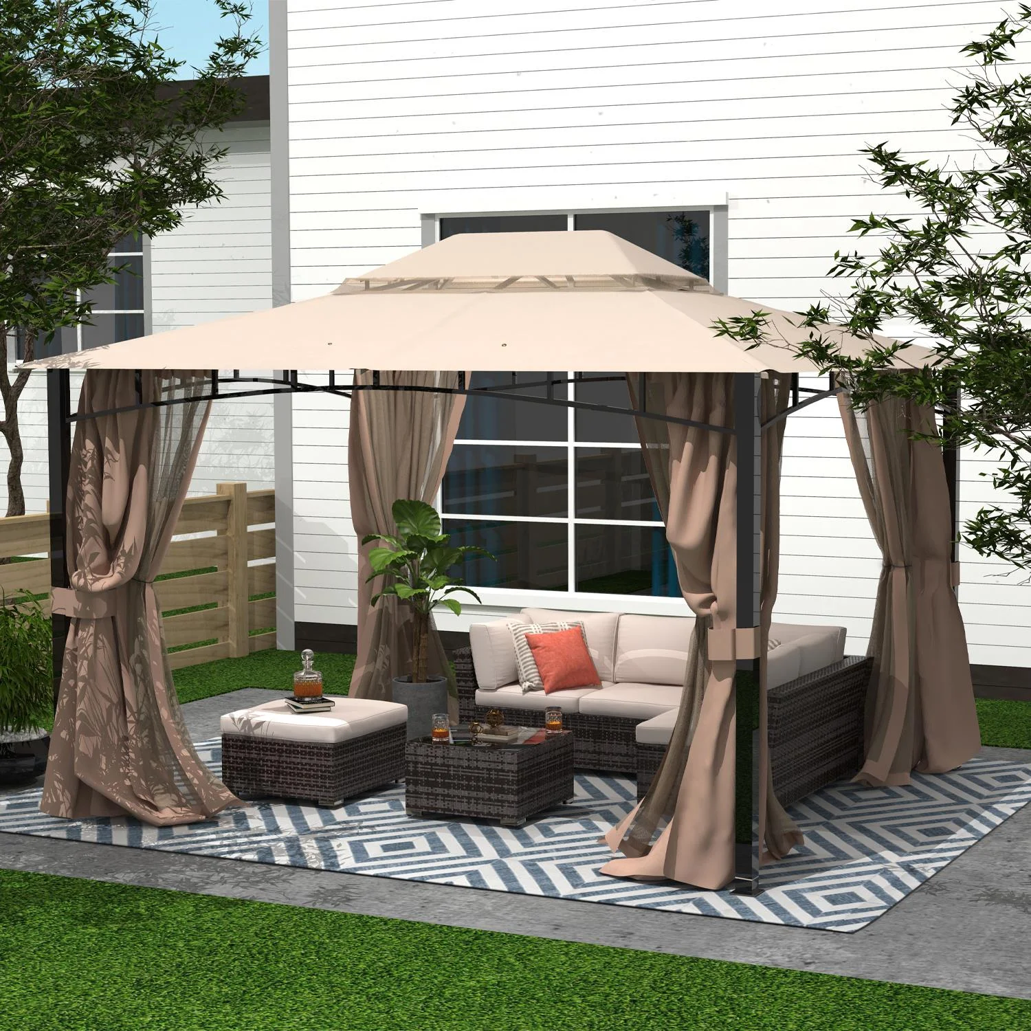 Cloud Mountain Patio Gazebo with Mosquito Netting Outdoor Gazbeo Canopy 10x12 Backyard Double Roof Vented, Sand