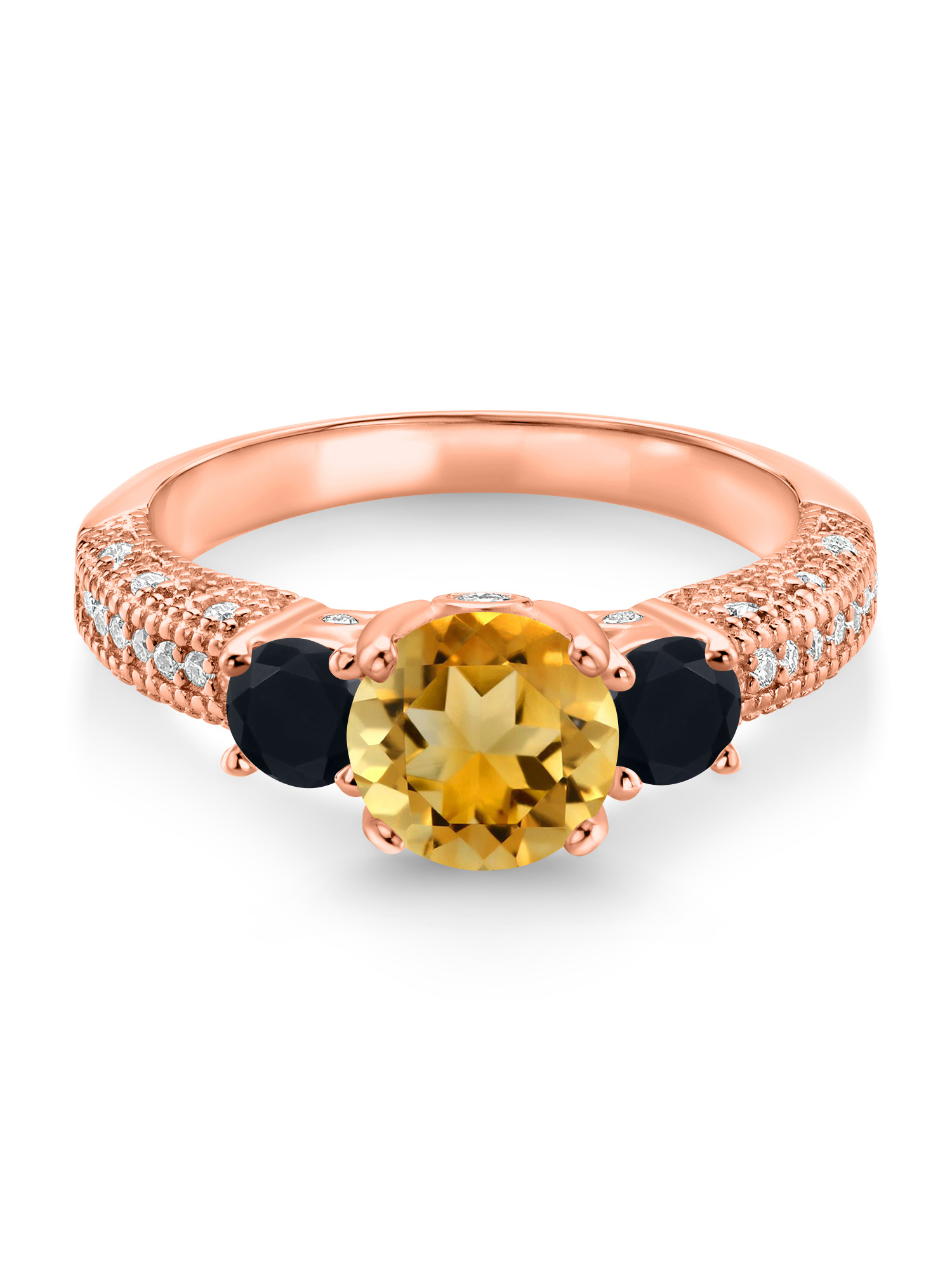 Gem Stone King 18K Rose Gold Plated Silver Yellow Citrine Black Onyx and White Moissanite Engagement Ring For Women (1.82 Cttw, Gemstone November Birthstone, Round 7MM and 4MM)
