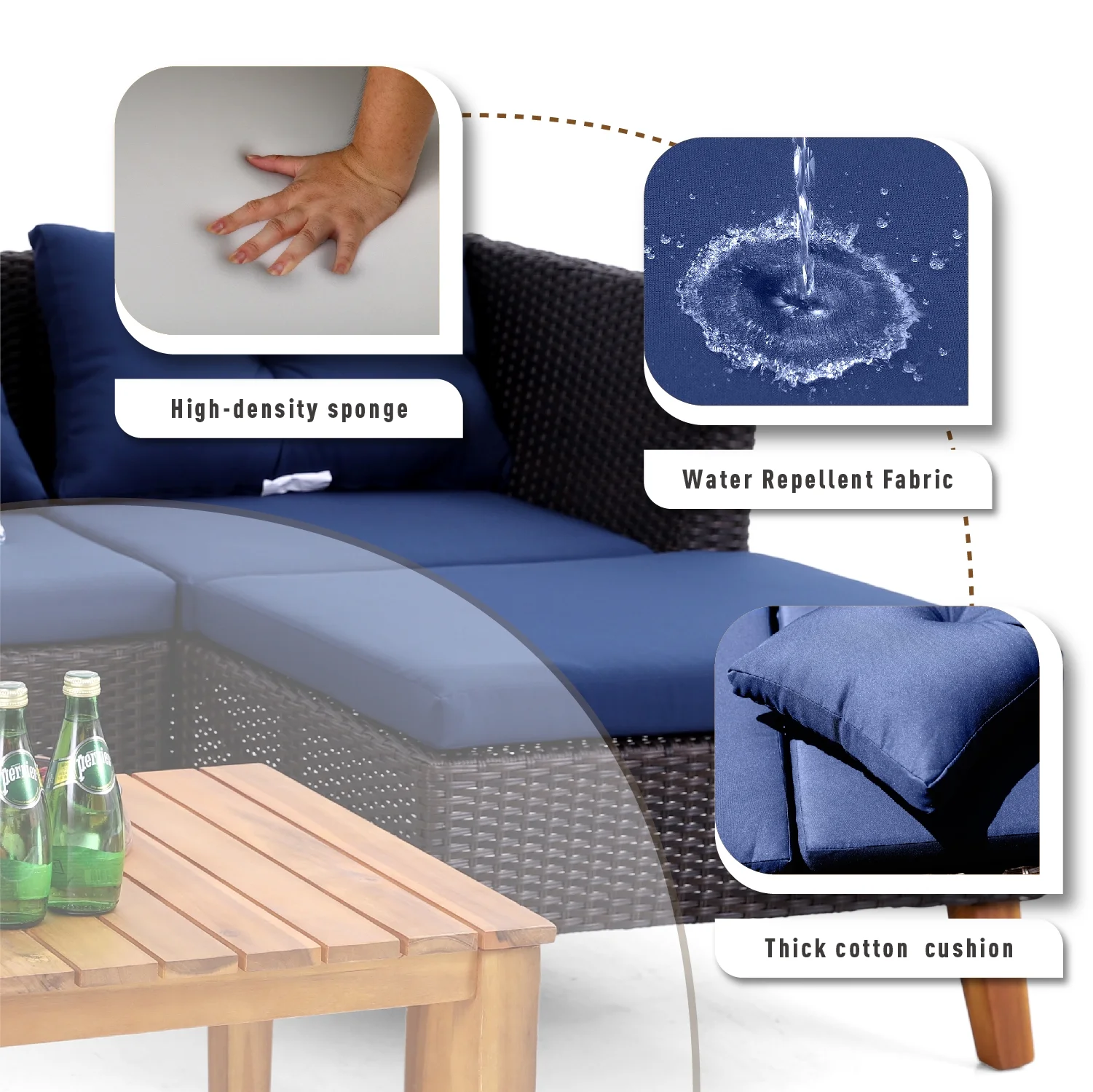 MF Studio 3 Pieces Rattan Patio Sofa Set Conversation Set, Navy Blue