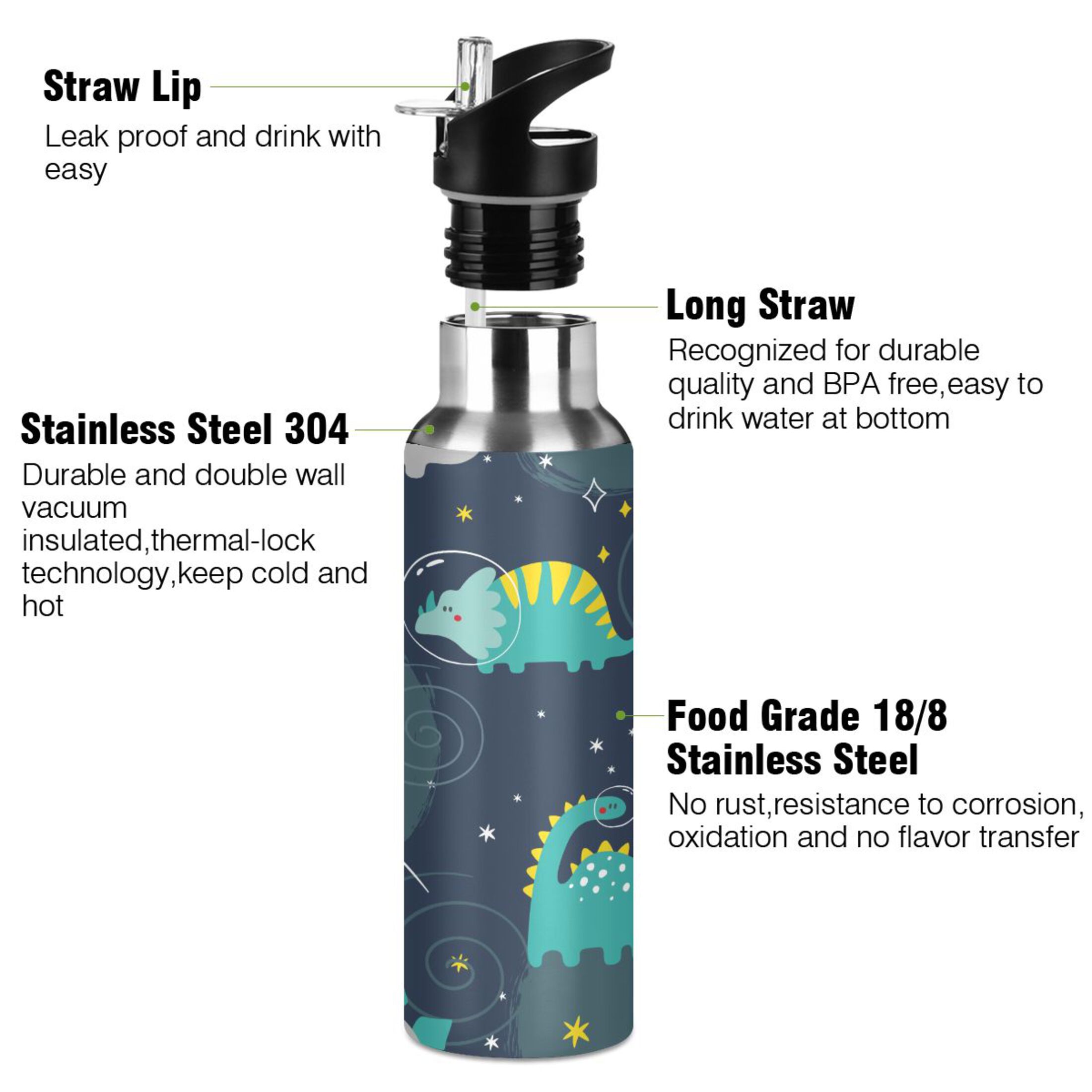 Water Bottle with Straw Lid Leak Handwritten Dinosaur in Space Stainless Steel Insulated Thermos Vacuum Flask for Cold Hot Drinking for Sports Camping Gym Yoga
