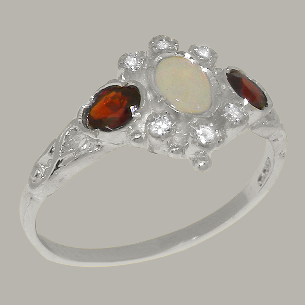 LBG British Made 9k White Gold Natural Opal Garnet Cubic Zirconia Womens Statement Ring - 33 size options - Size 9.25