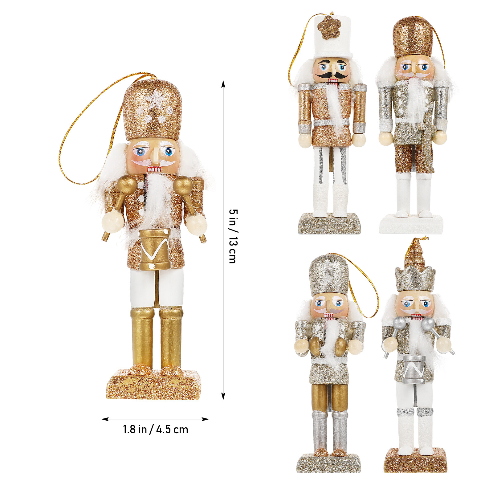 5pcs Christmas Nutcracker Pendants Wooden Small Nutcracker Dolls Holiday Glitter Powder Nutcracker Ornaments