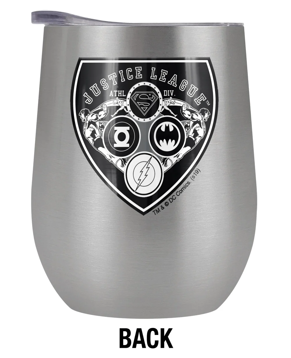 Justice League Official Athletic Justice League Shield 12 OZ Stemless Wine Tumbler, Stainless Steel Travel Cup|Lake Tumbler|Insulated with Leak Resistant Slide-Lock Lid, Stainless Steel