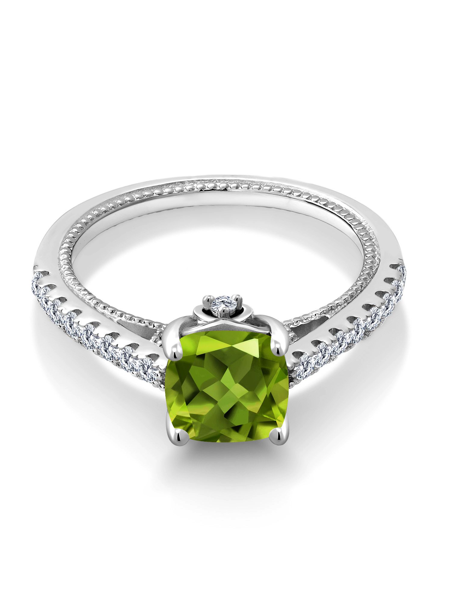 Gem Stone King 925 Sterling Silver Green Peridot and White Created Sapphire Engagement Ring For Women (2.00 Cttw, Cushion Gemstone Birthstone, Available in Size 5, 6, 7, 8, 9)