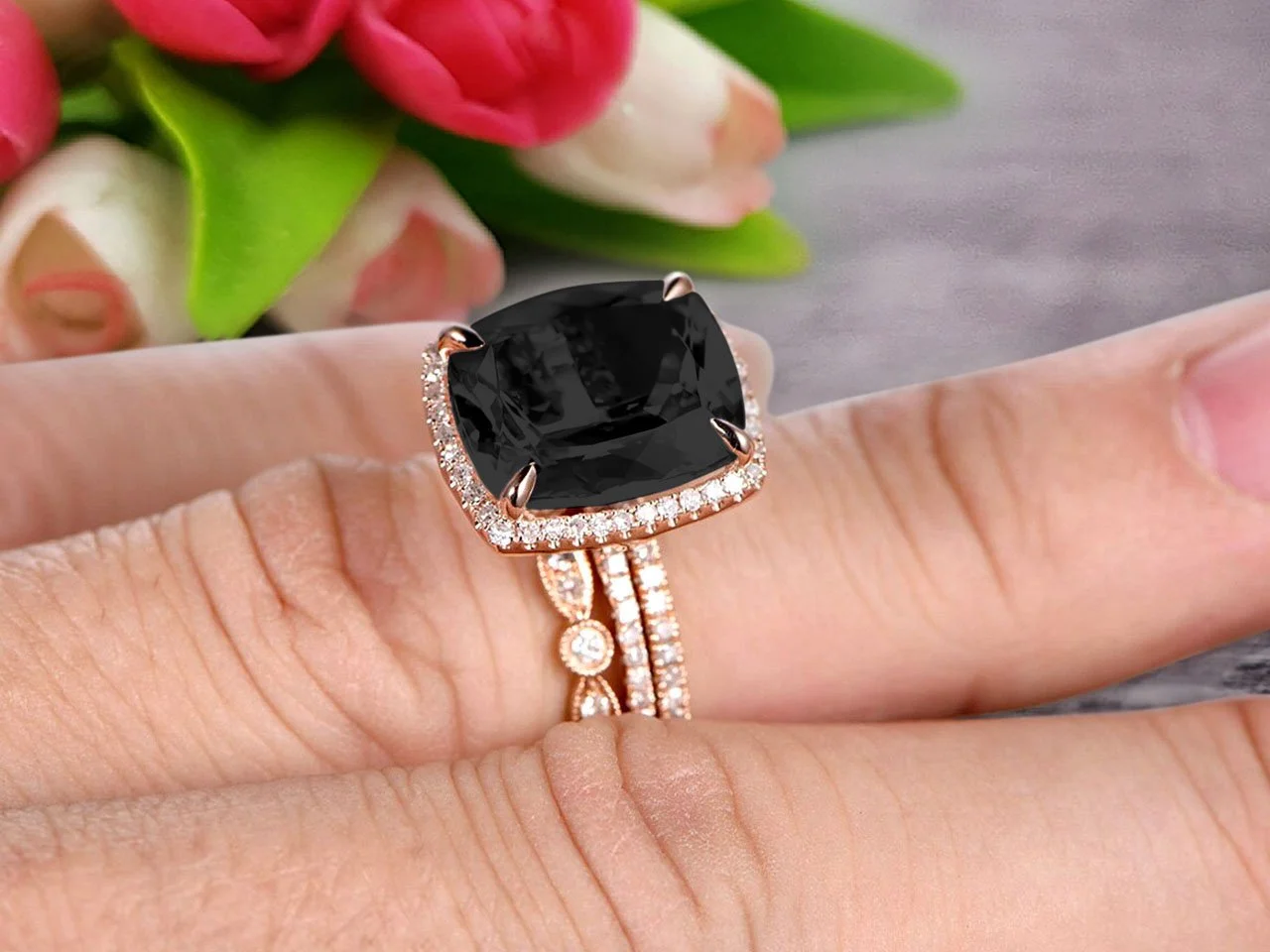Milgrain Art Deco 3 Carat Cushion Cut Gemstone Black Diamond Moissanite Trio Set Wedding Ring Engagement Ring On 10k Rose Gold Anniversary Ring Surprisingly Ring