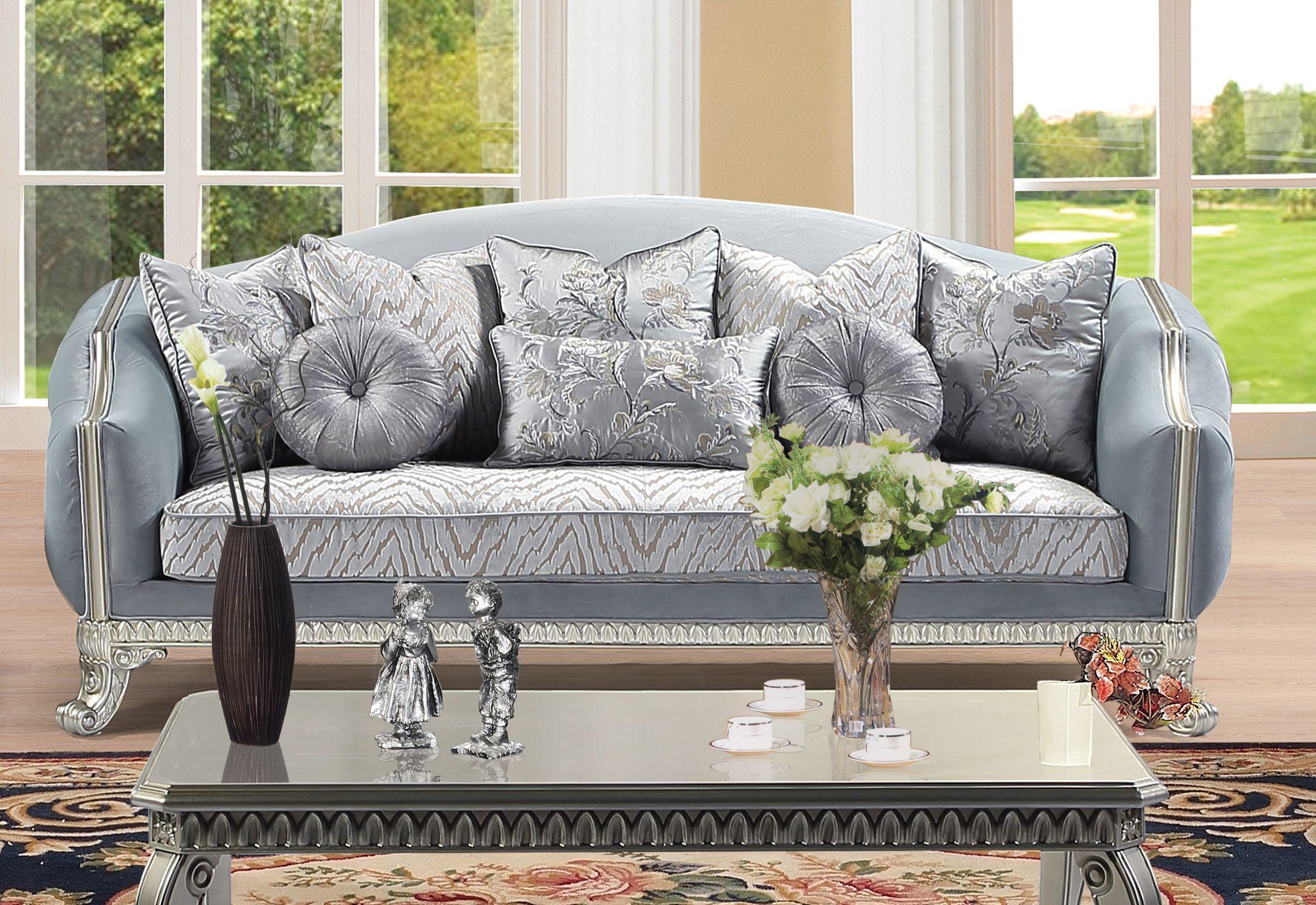 Silver finish Wood Gray Velvet Sofa Set 2Pcs Transitional Cosmos Furniture Venus