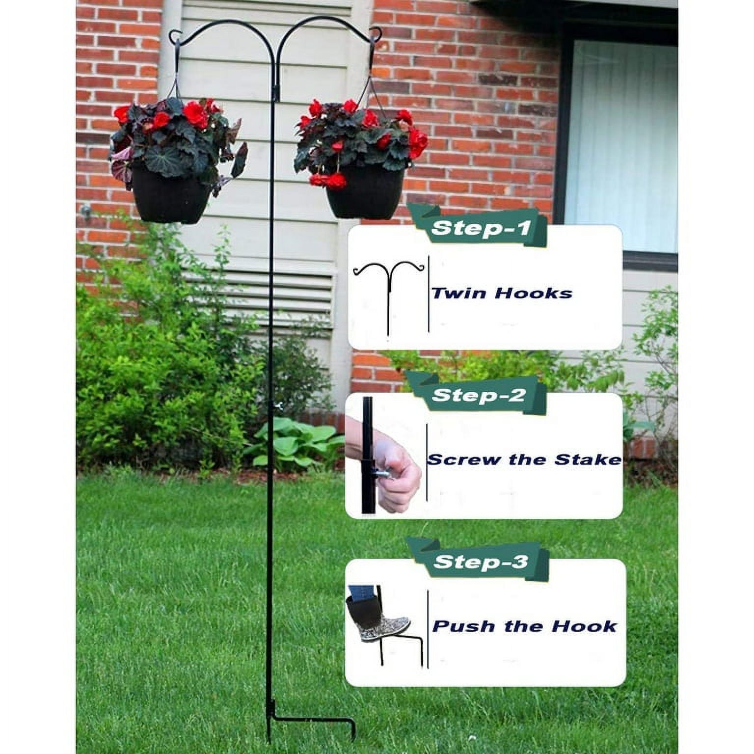 Ashman 91 Inch Adjustable Shepherds Hook with Twin Hooks 5/8 Inches Thick, Super Strong, Rust Resistant Steel Hook for Hanging Plant Baskets, Bird Feeders, Lanterns, Wind Chimes and use at Weddings