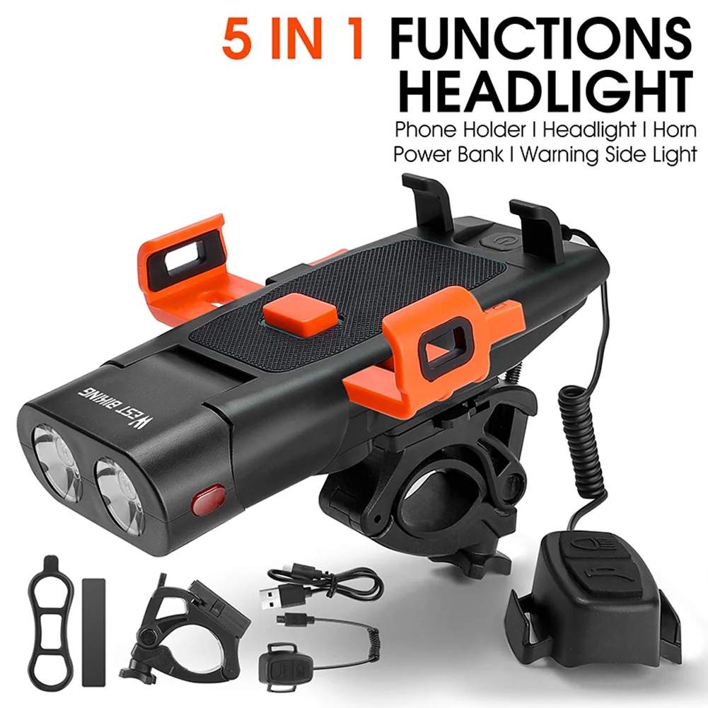 5in1 Bike Front Bracket Lamp Horn Mobilephone Holder Warning Bell Powerbanks MTB Bike Flashlight USB Rechargeable Cycling Accessories with 5 Alarm Sound Effects