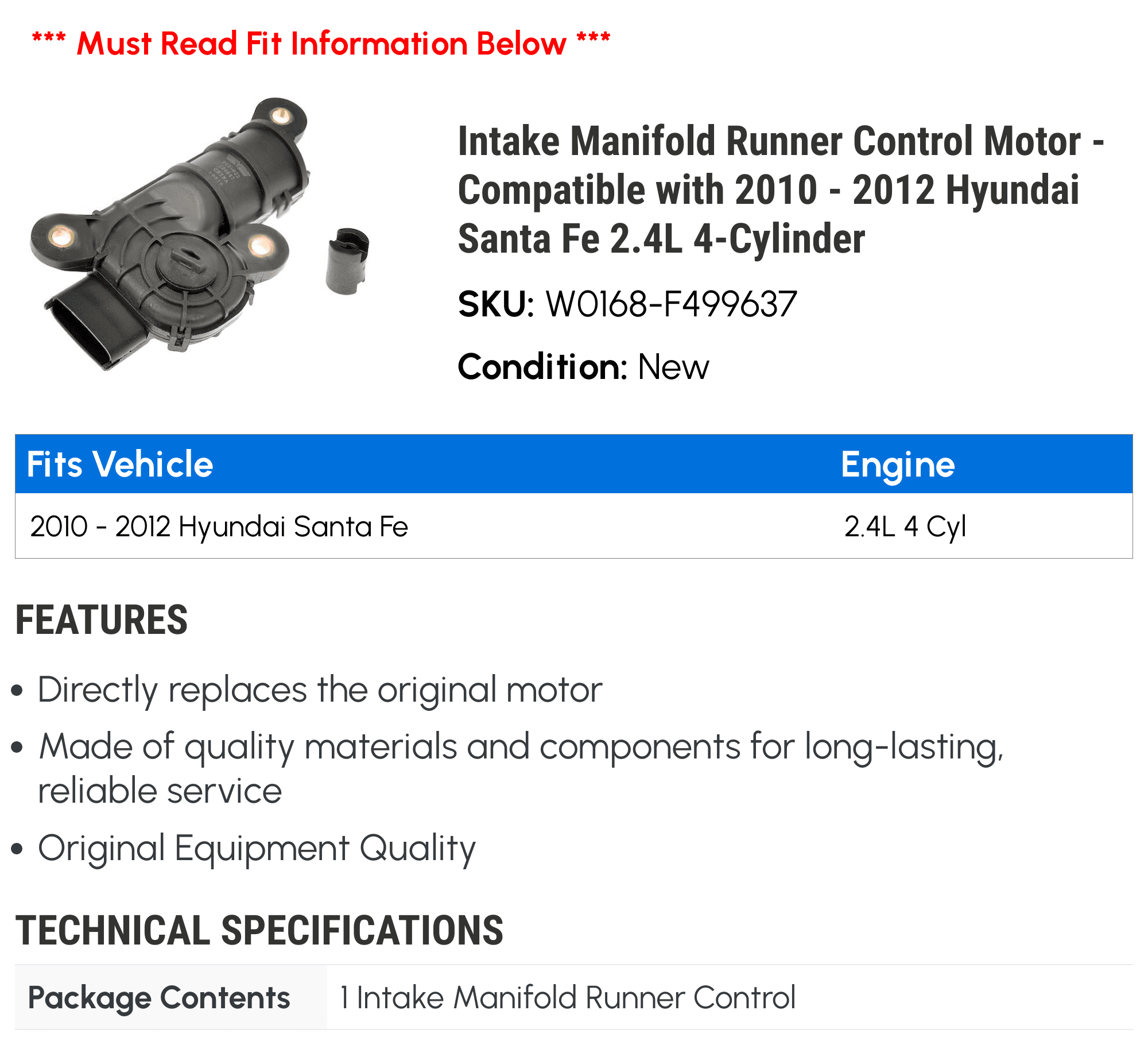 Intake Manifold Runner Control Motor - Compatible with 2010 - 2012 Hyundai Santa Fe 2.4L 4-Cylinder 2011