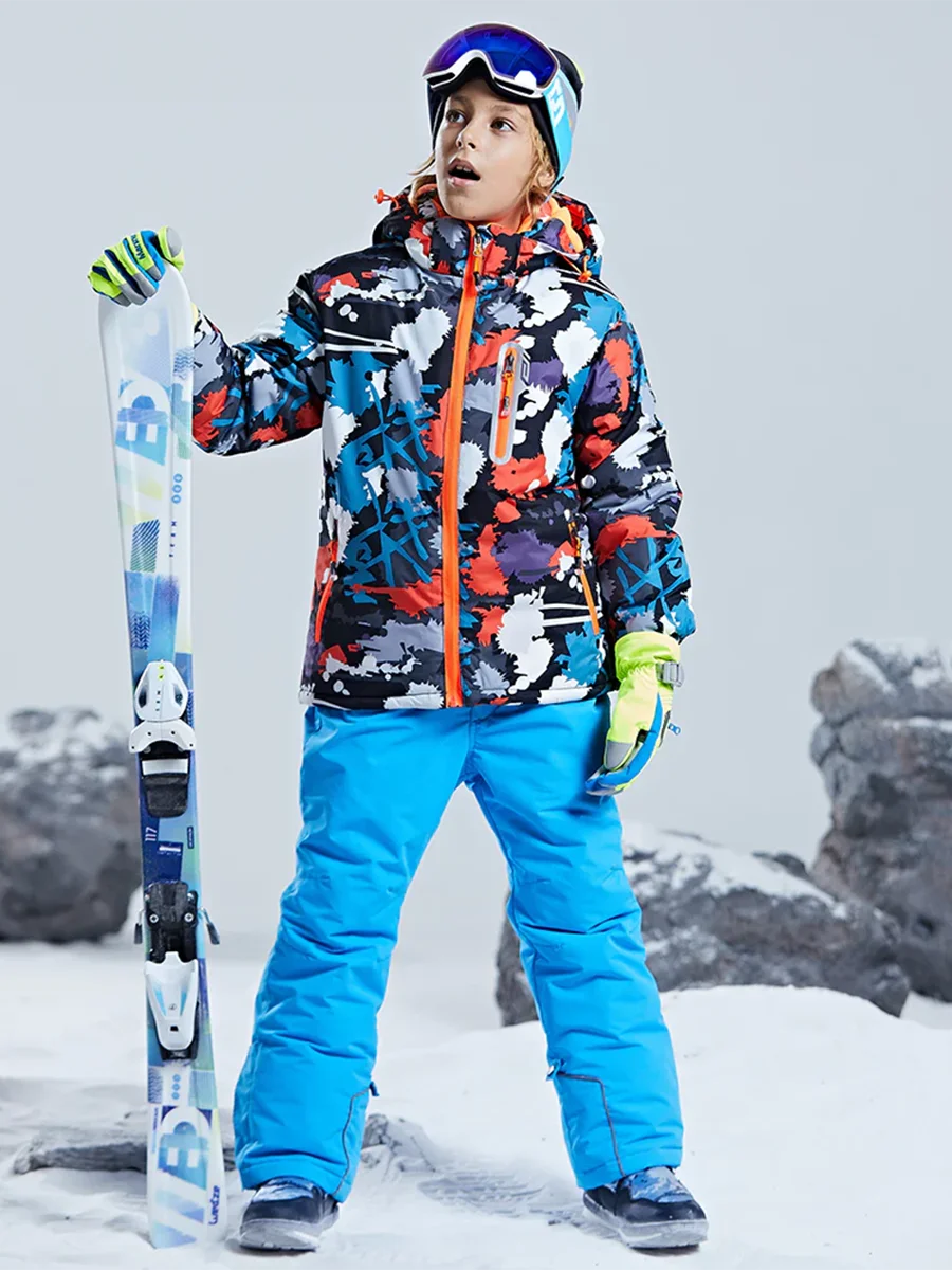YEEFINE Boy's Snow Jacket Pants Suits, Winter Hooded Insulated Ski Suit Windproof Waterproof Outdoor Blue US10