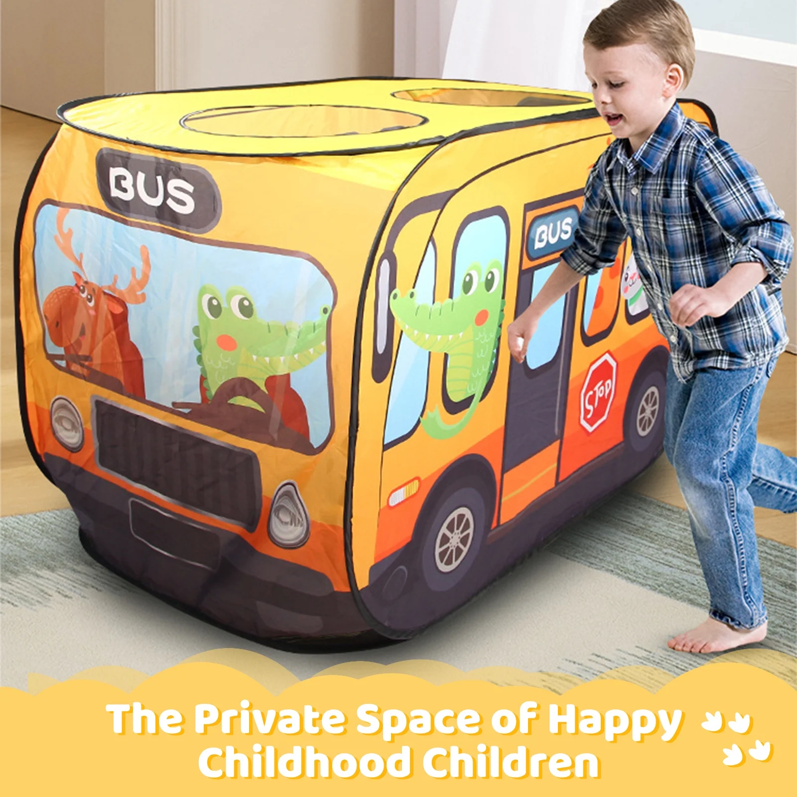 School Bus Pop up Play Tent with 2 Openings,DFITO Yellow Playhouse Toy , Pretend Play, Gift, Polyester,Prop - 44.46 x 28 x 29.25 inch