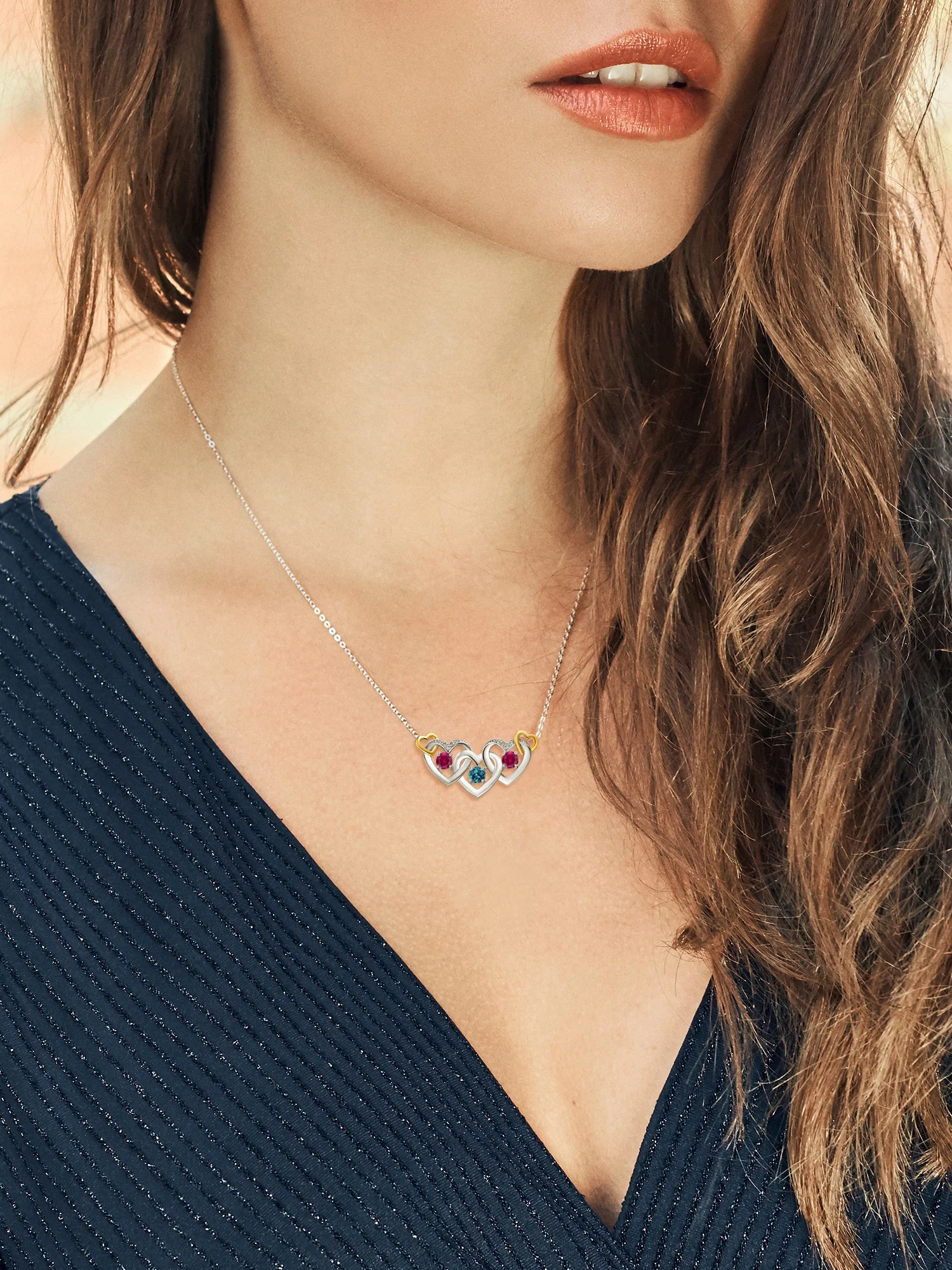 Gem Stone King 925 Silver and 10K Yellow Gold London Blue Topaz Red Created Ruby and White Lab Grown Diamond Heart Shape Pendant Necklace For Women (0.89 Cttw, with 18 inch Chain)