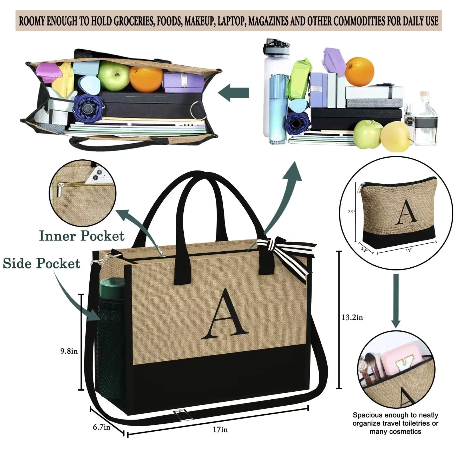 TINGN Initial Jute Tote Bag with Makeup Bag Beach Tote Bag with Zipper Adjustable Strap Mothers Day Birthday Gifts for Her