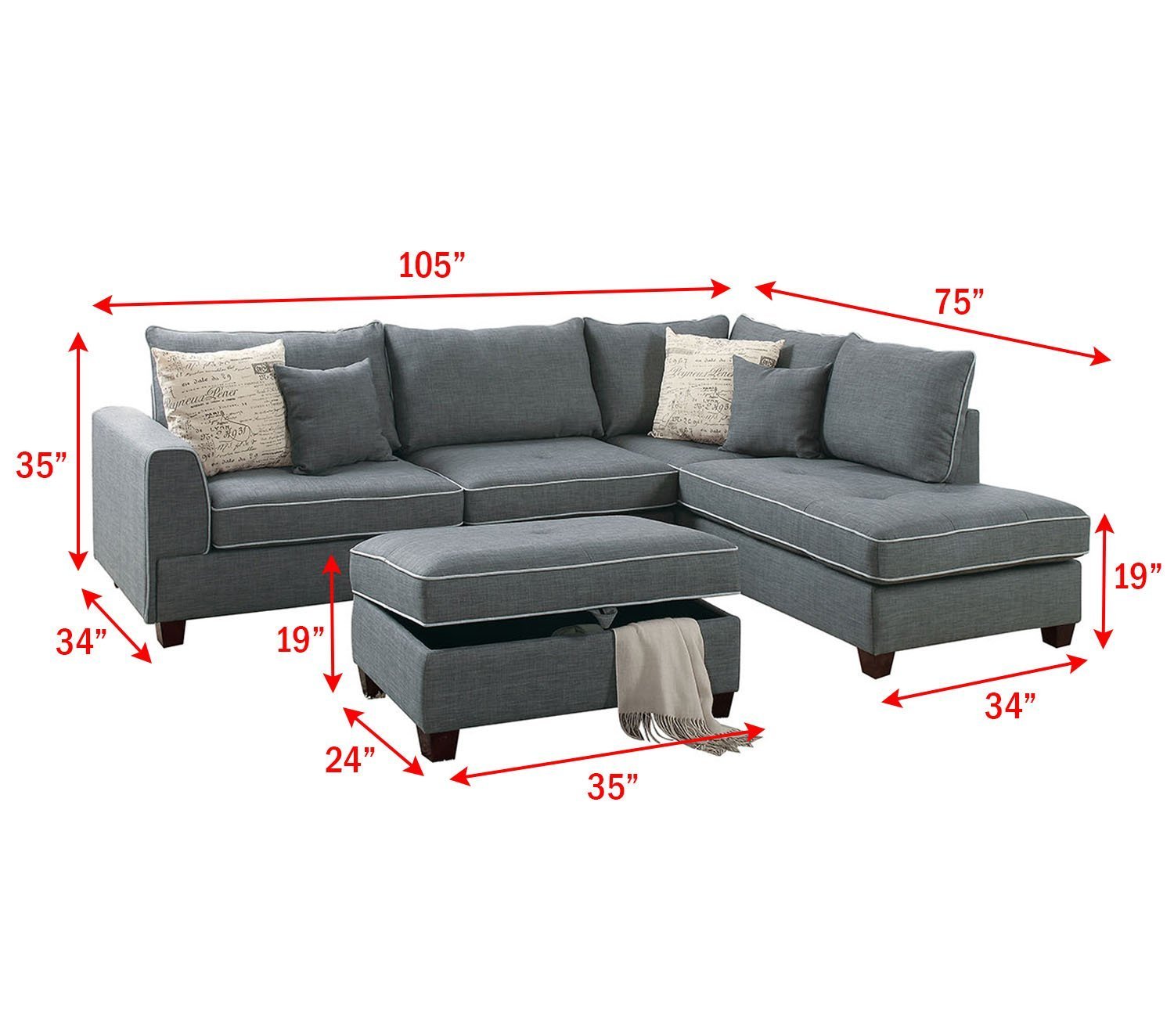 Modern Steel Dorris Fabric Reversible Sectional Sofa Chaise Storage Ottoman with 4 Accent Pillows
