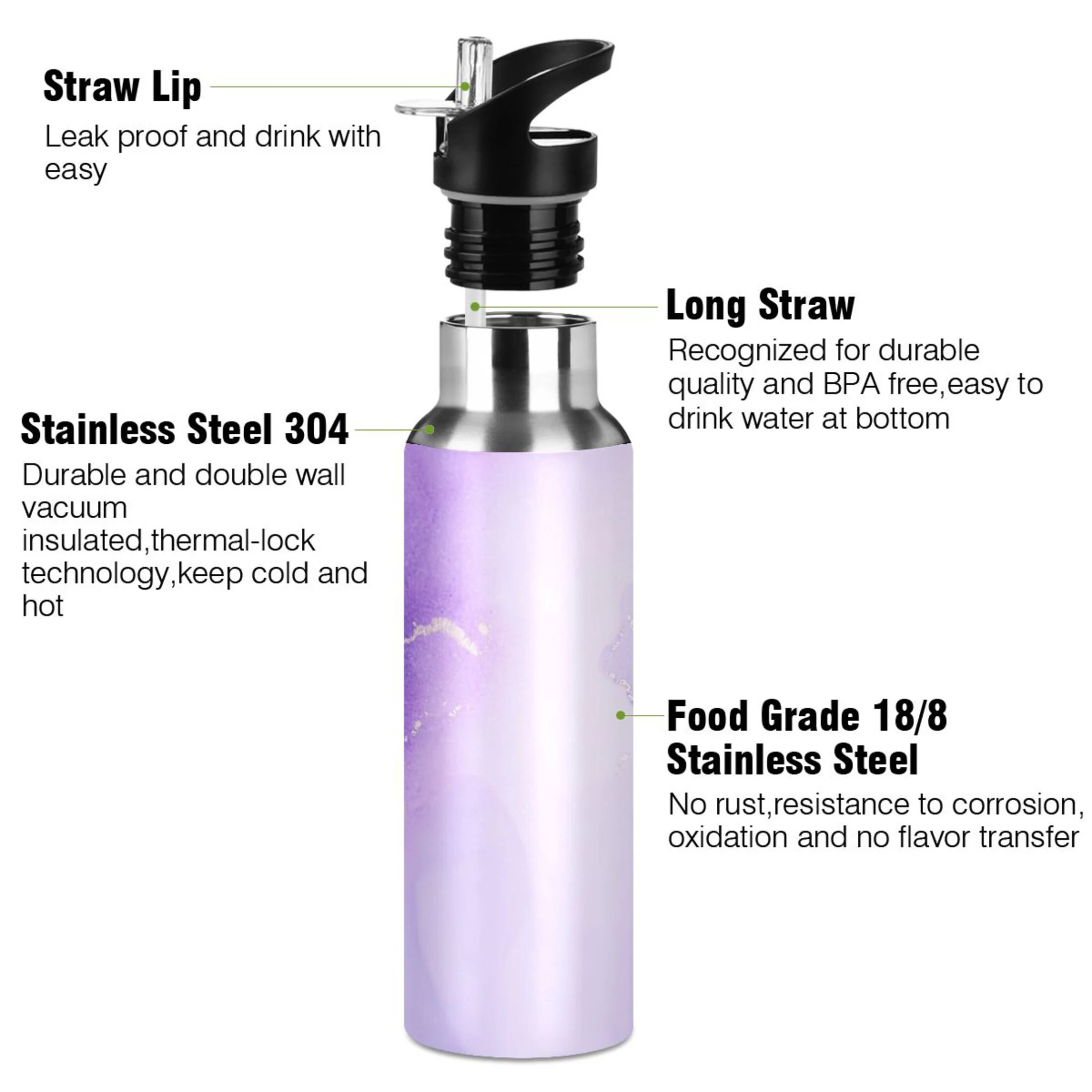 Water Bottle with Straw Lid Leak Purple Marble Abstract Stainless Steel Insulated Thermos Vacuum Flask for Cold Hot Drinking for Sports Camping Gym Yoga