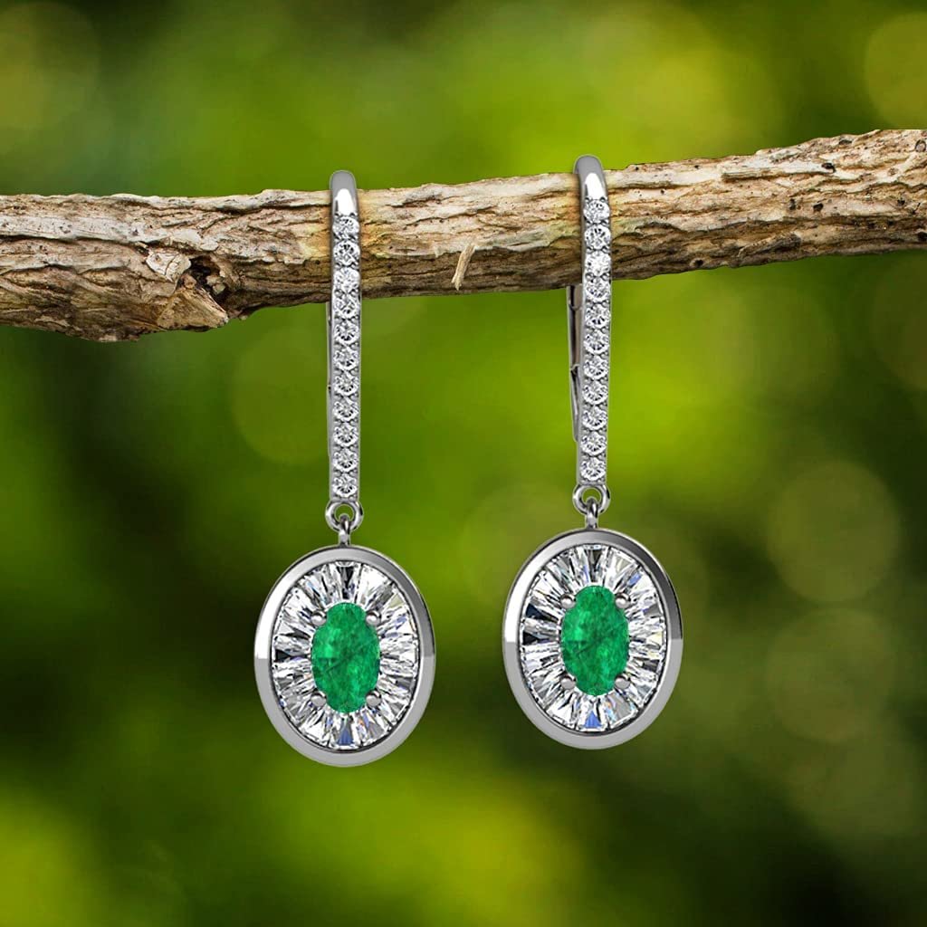 TriJewels Oval Cut Emerald and Baguette Diamond 1 1/8 ctw Womens Halo Drop and Dangle Earrings 14K Gold