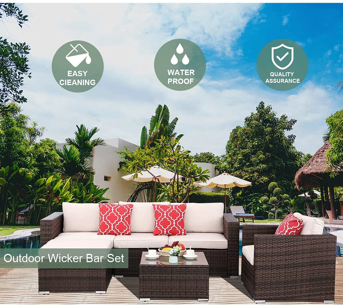 Aurora 6pcs Patio Furniture Set PE Gray Rattan Wicker Sectional Outdoor Sofa Set Outside Couch w/Black Washable Seat Cushions & Modern Glass Coffee Table