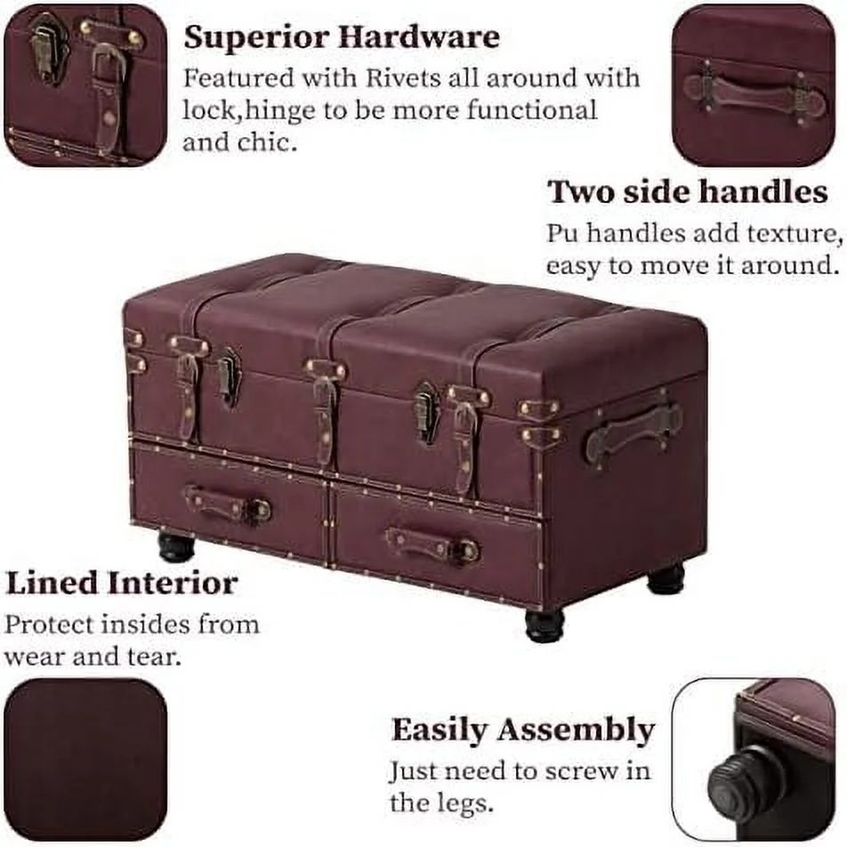 RUNFAYBIU Vintage  Bench Upholstered Mid-Century Faux Leather  Ottoman Bed Bench  Chest for Hallway  Entryway  Bedroom  Dark Brown