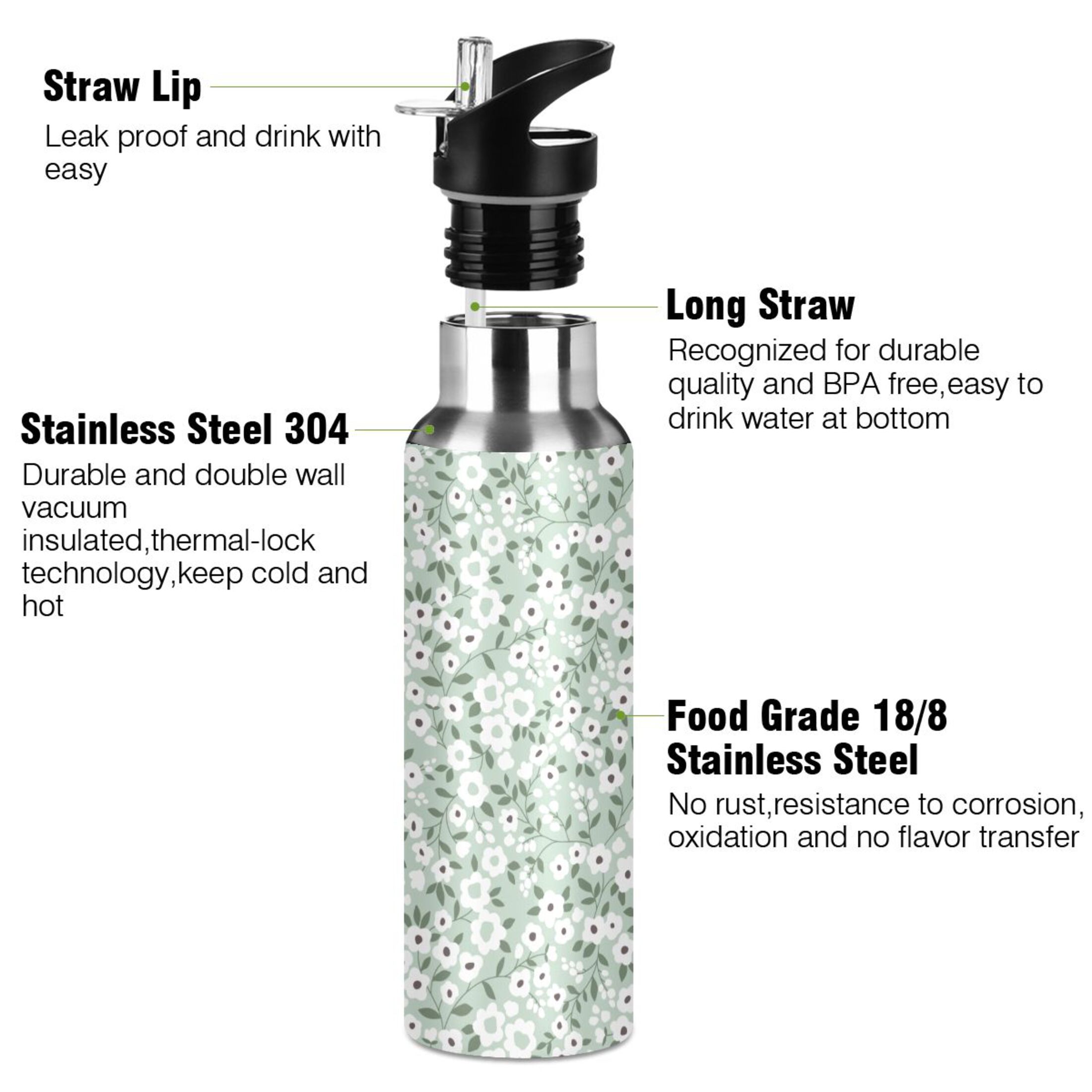 Stainless Steel Water Bottle Elegant White Floral Green with Straw Lid Vacuum Insulated Leak Proof Flask Jug for Gym Travel Sports Cycling Outdoor 20 OZ