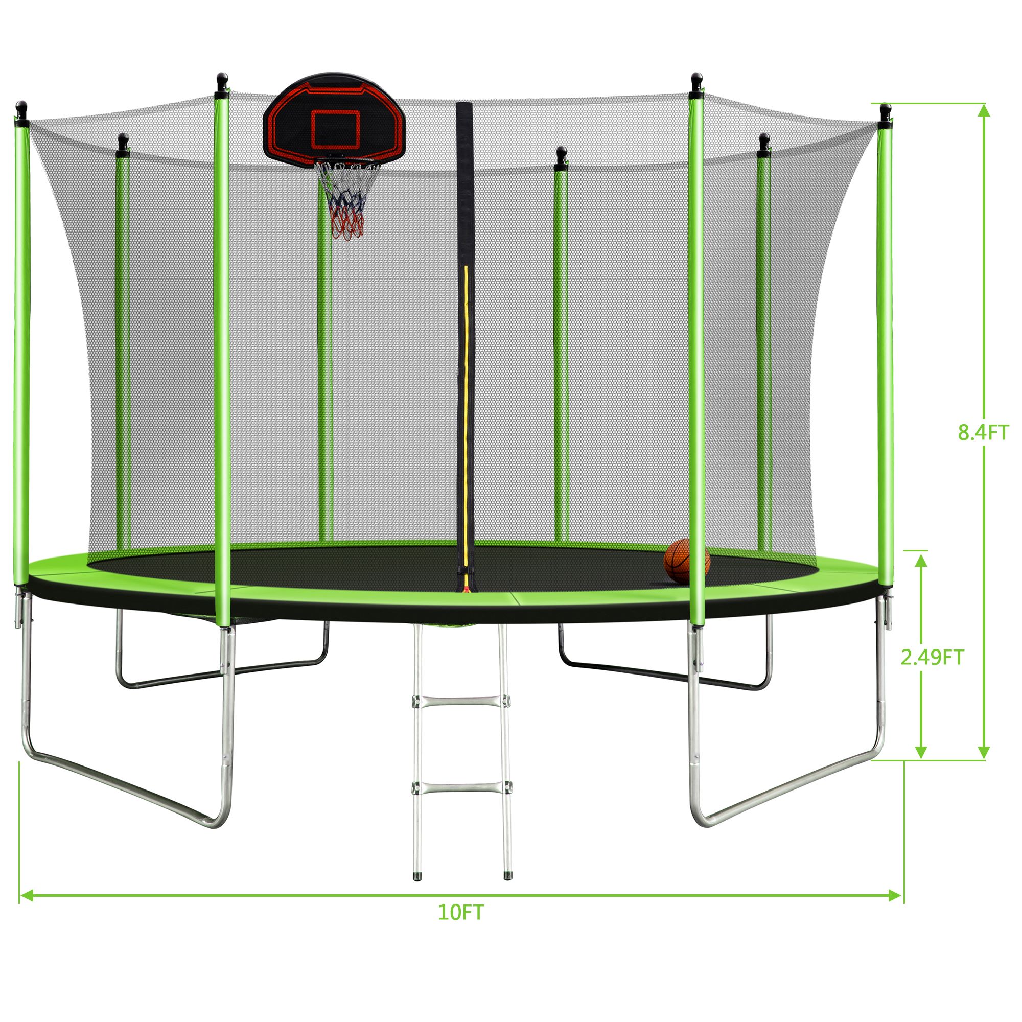 Lykos 10FT Trampoline with Basketball Hoop Inflator and Ladder(Inner Safety Enclosure) Green